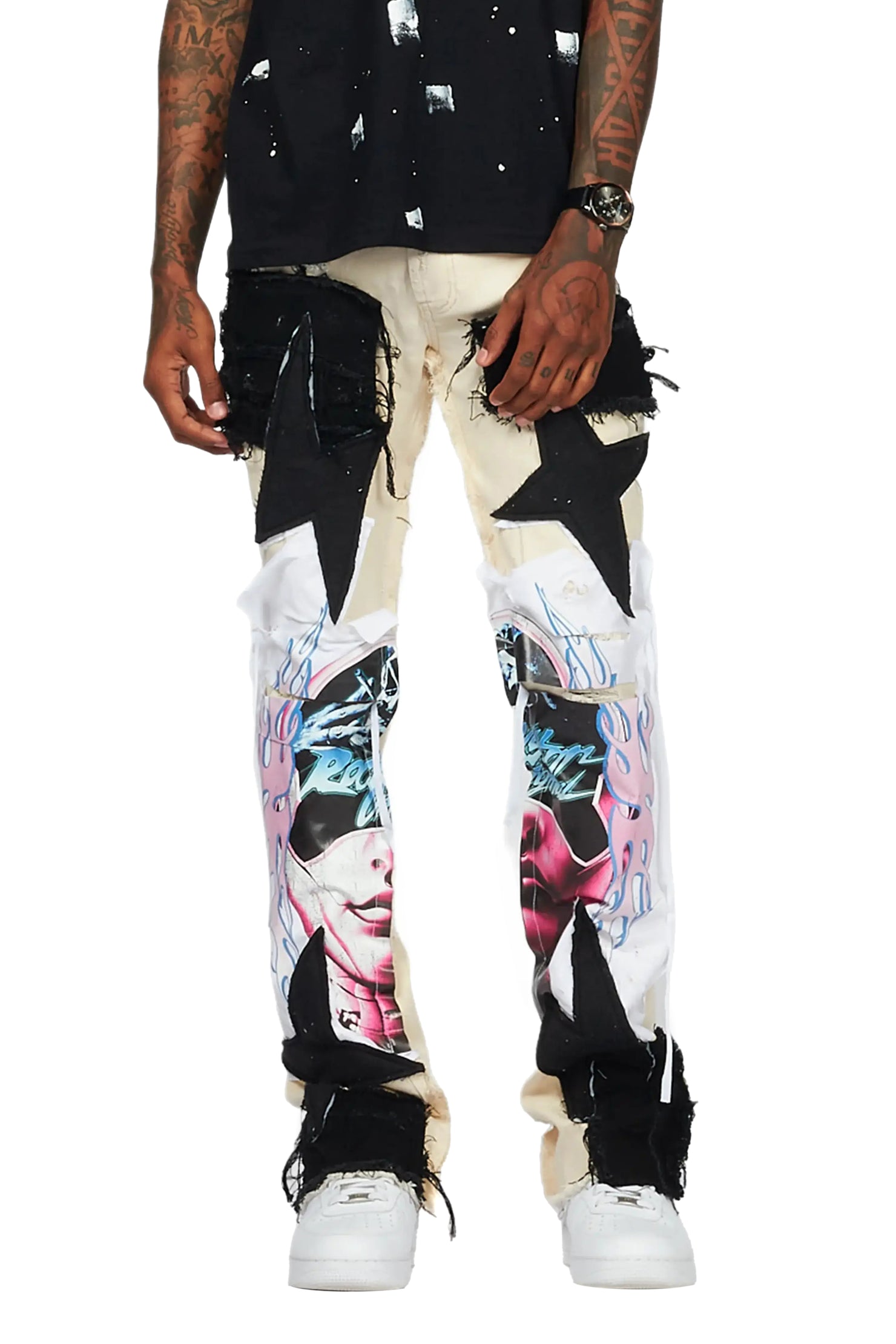 Helios Beige Patchwork Stacked Flare Jean