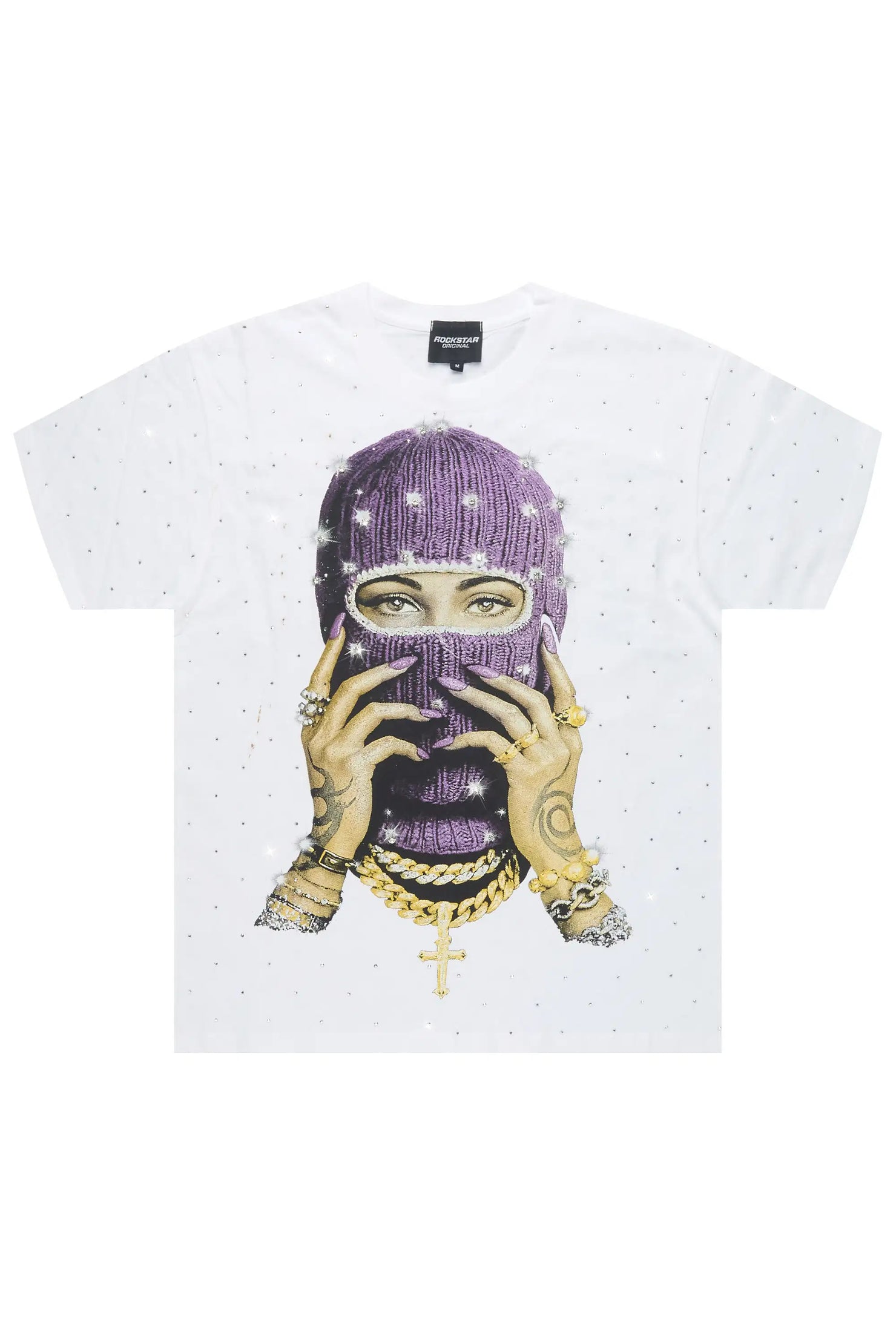 Jayla White Rhinestone Short Sleeve Tee Shirt