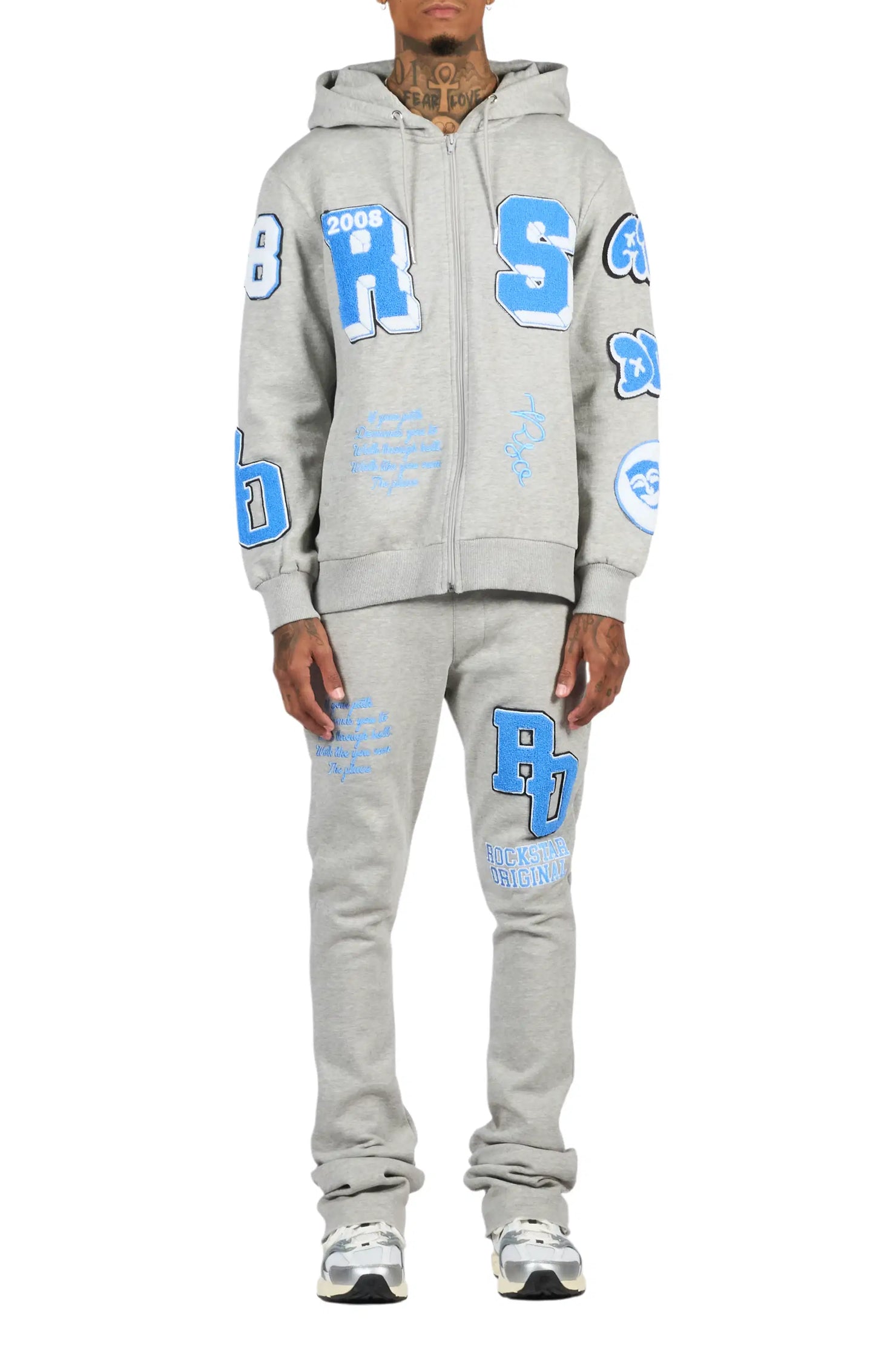 Leslaw Heather Grey Zip Up Hoodie Stacked Track Set