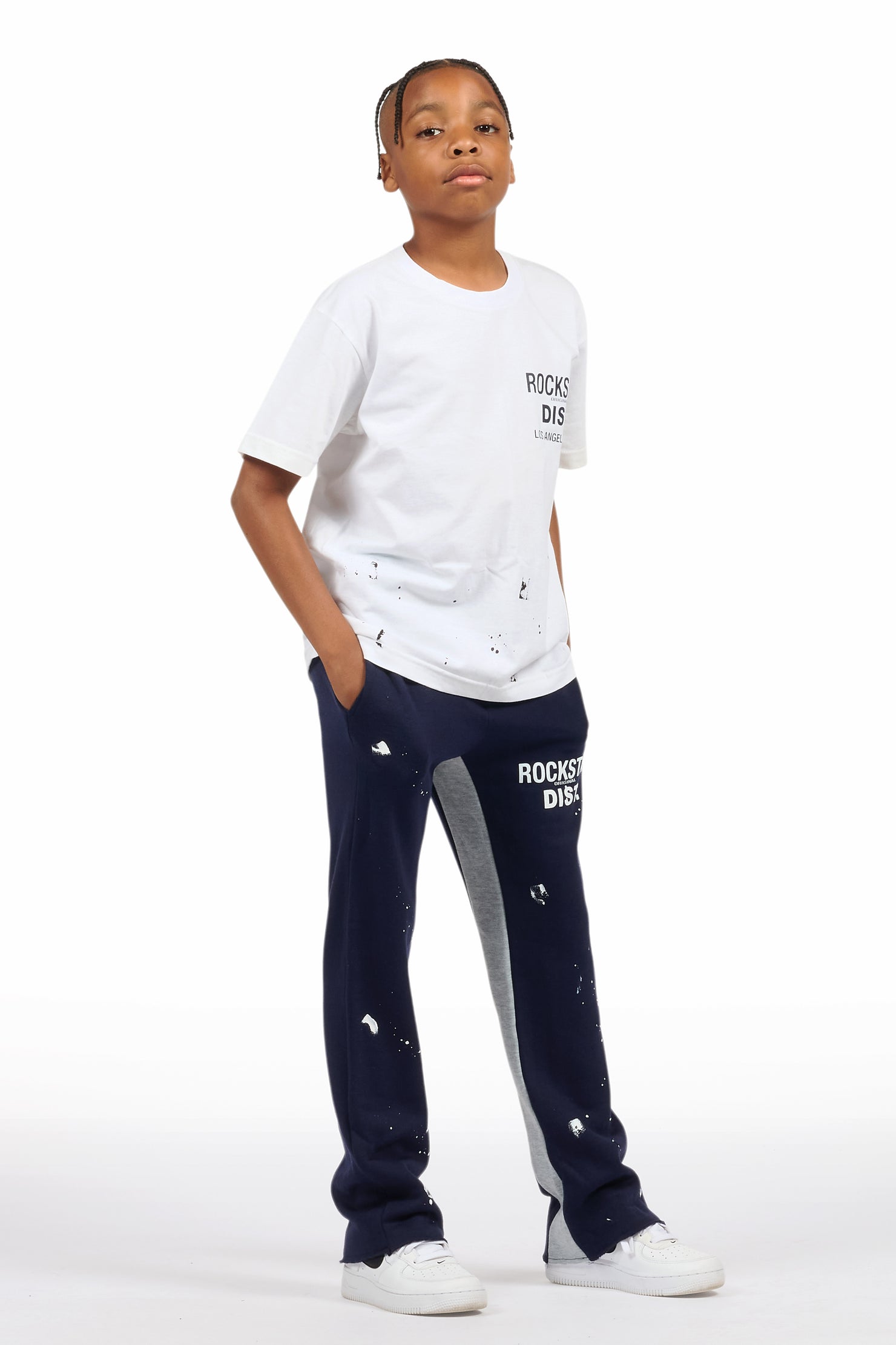 Boys Raffer White/Navy T-Shirt/Baggy Stacked Pant Set
