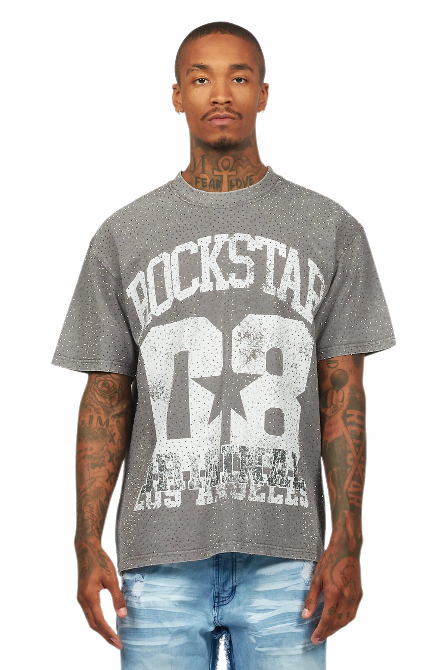 Flamur Grey Graphic Rhinestone T-Shirt