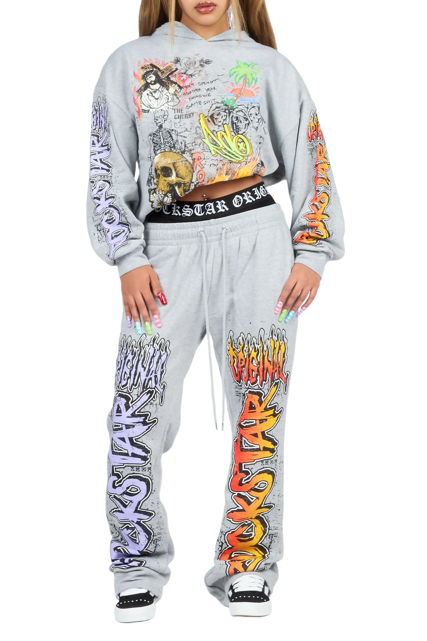 Luxoré Heather Grey Graphic Baggy Fit Track Set