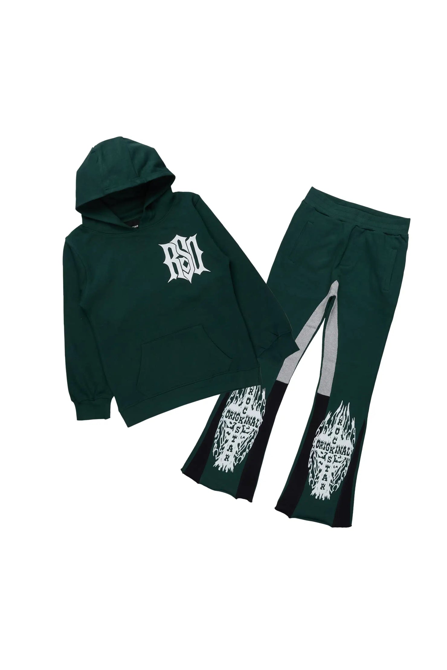 Boys Lyrex Green/White Hoodie/Stacked Flare Track Set