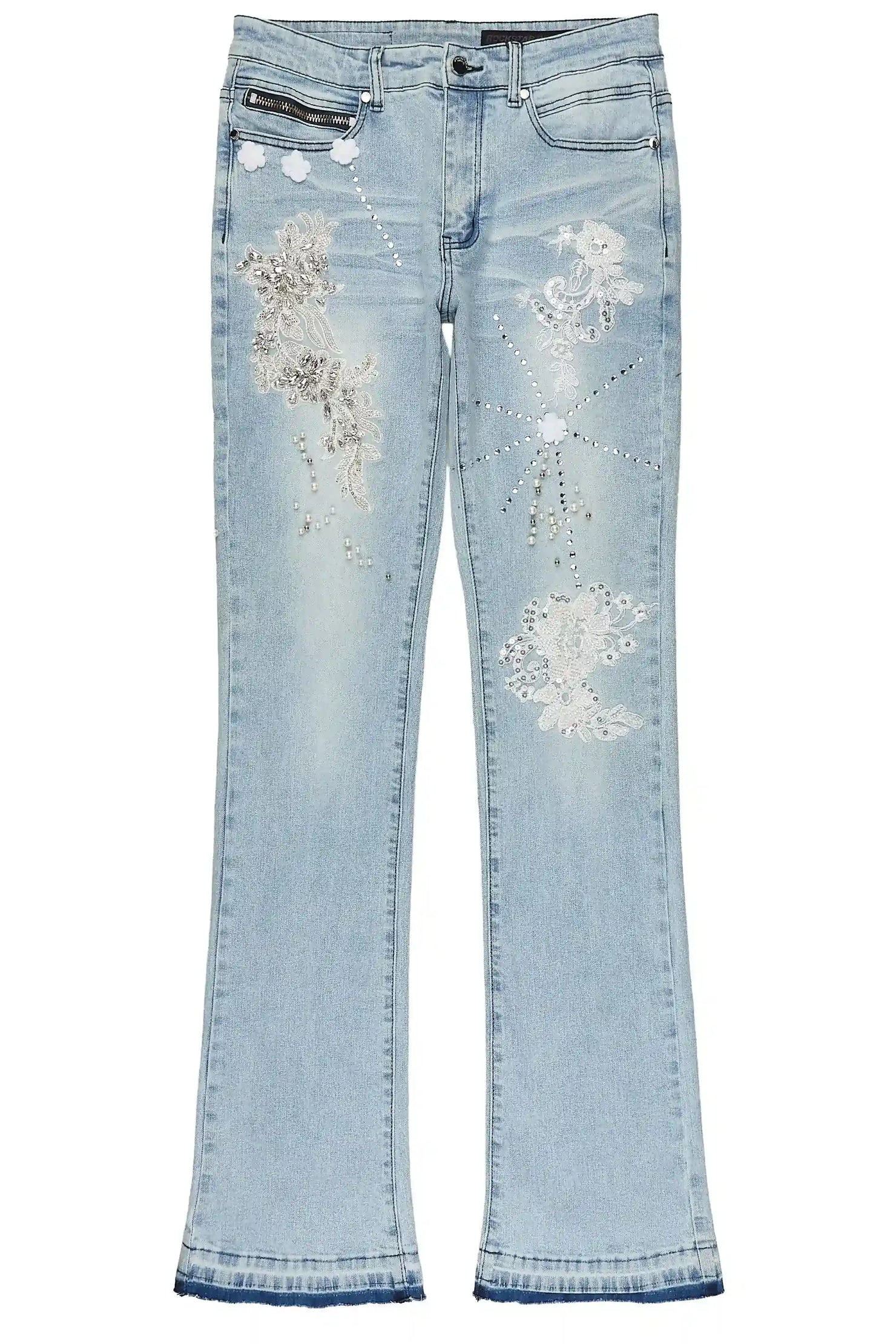 Yezen Light Blue Rhinestone Stacked Fit Jean