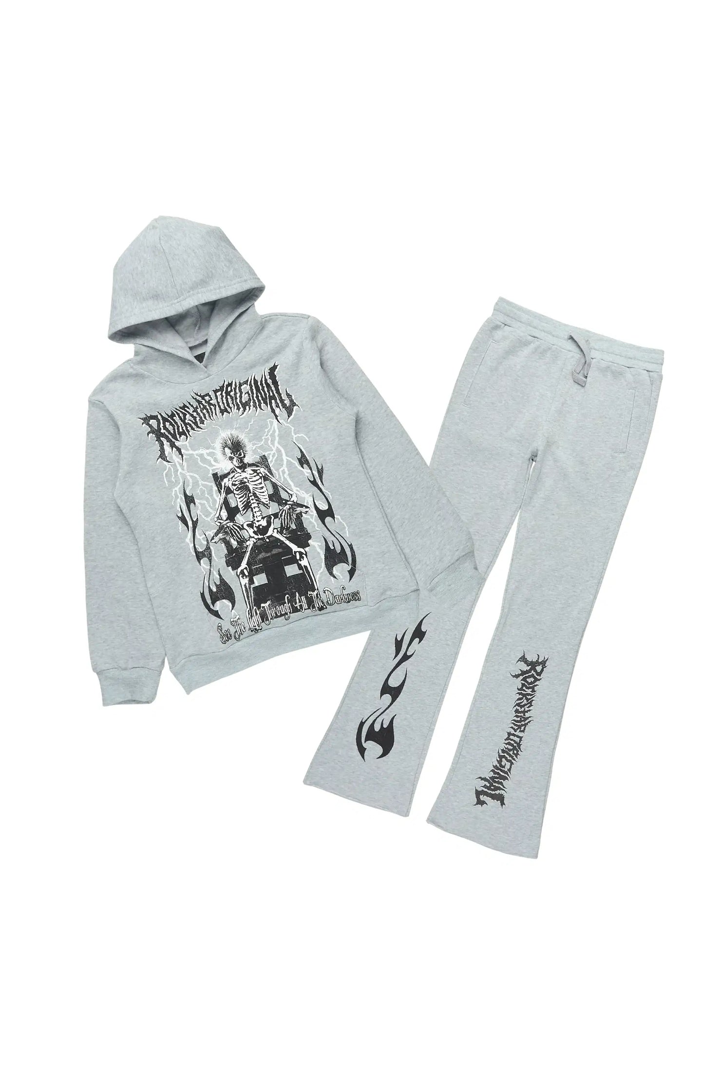 Boys Dethrown Grey Hoodie/Stacked Flare Track Set