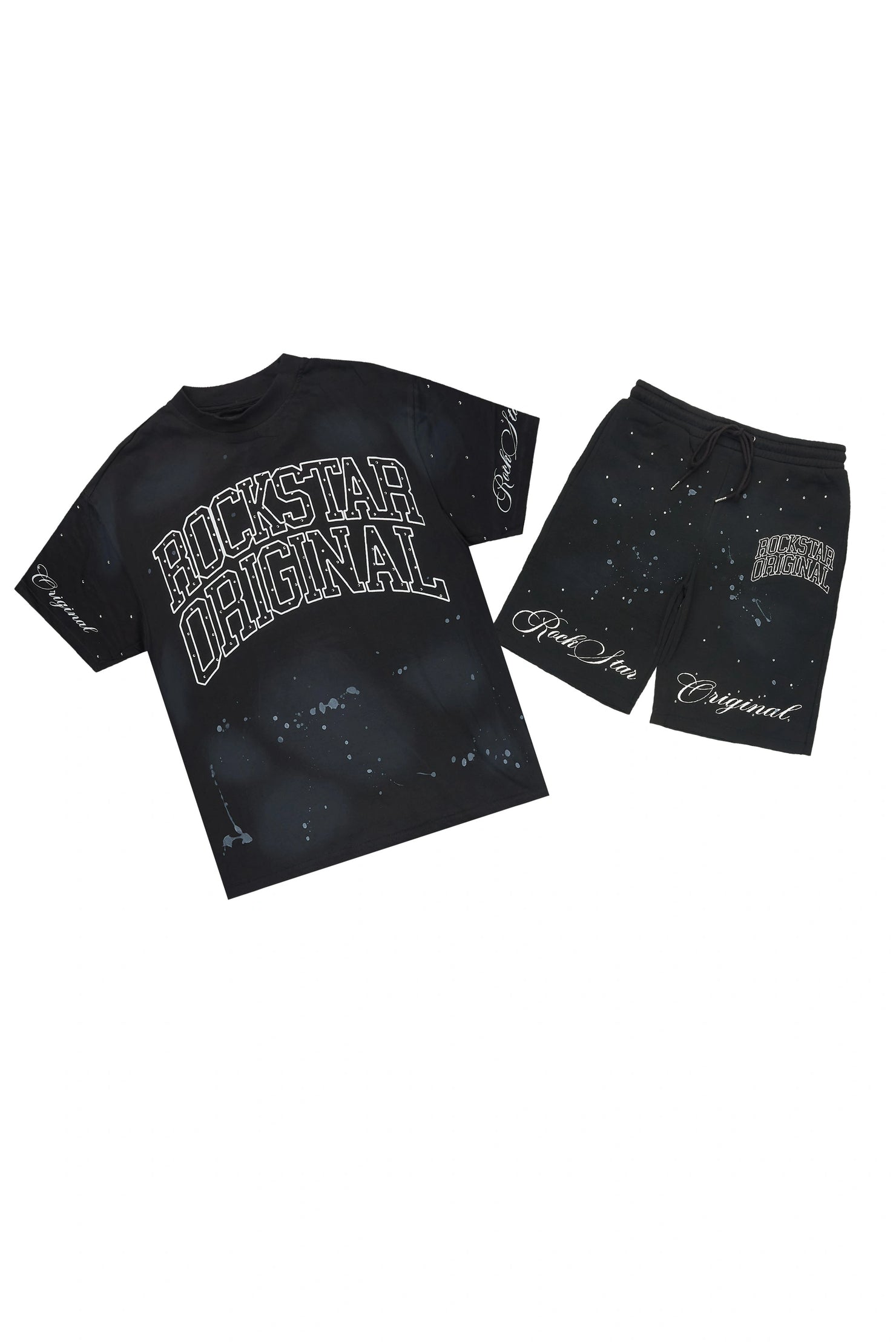 Dripped Black Rhinestone T-Shirt/Short Set