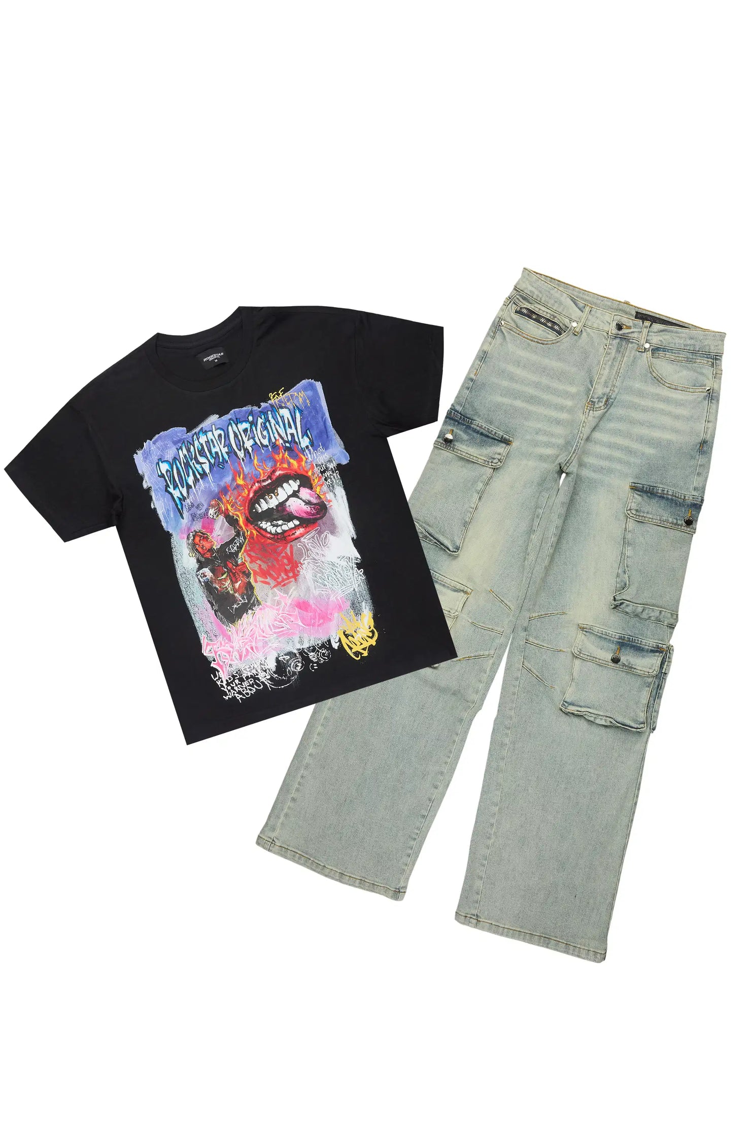 Yooz Black Oversized Graphic T-Shirt/Baggy Jean Bundle