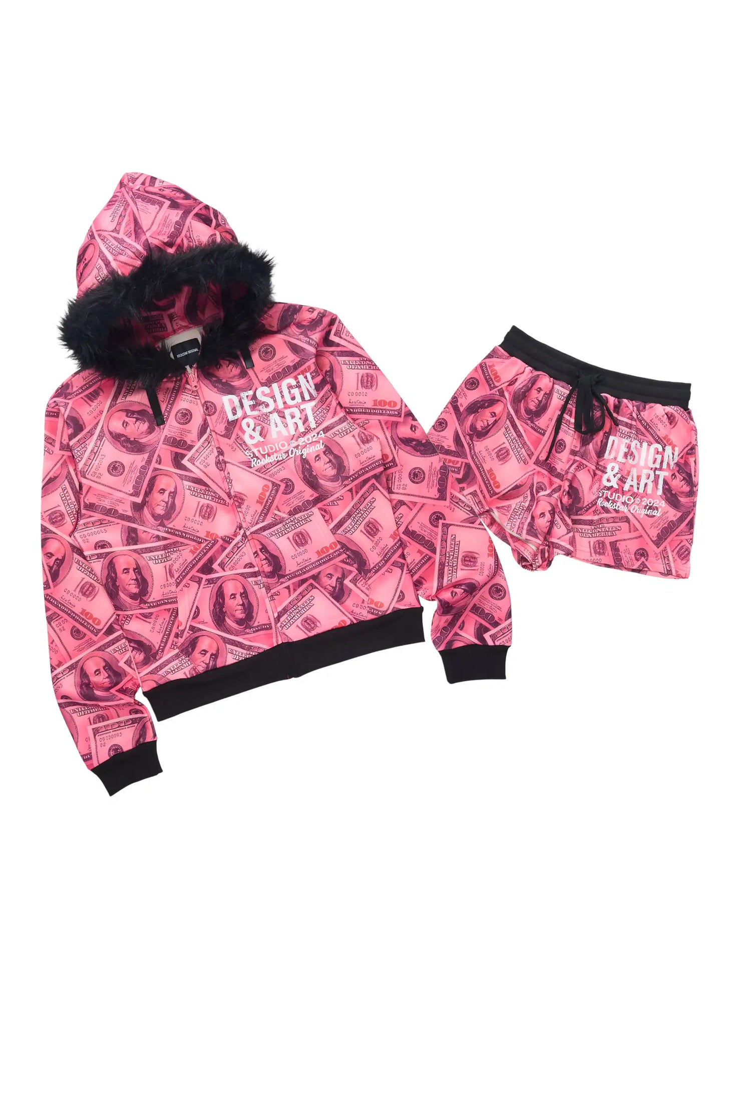Sidney Pink Money Zip Up Short Set with Fur Hood