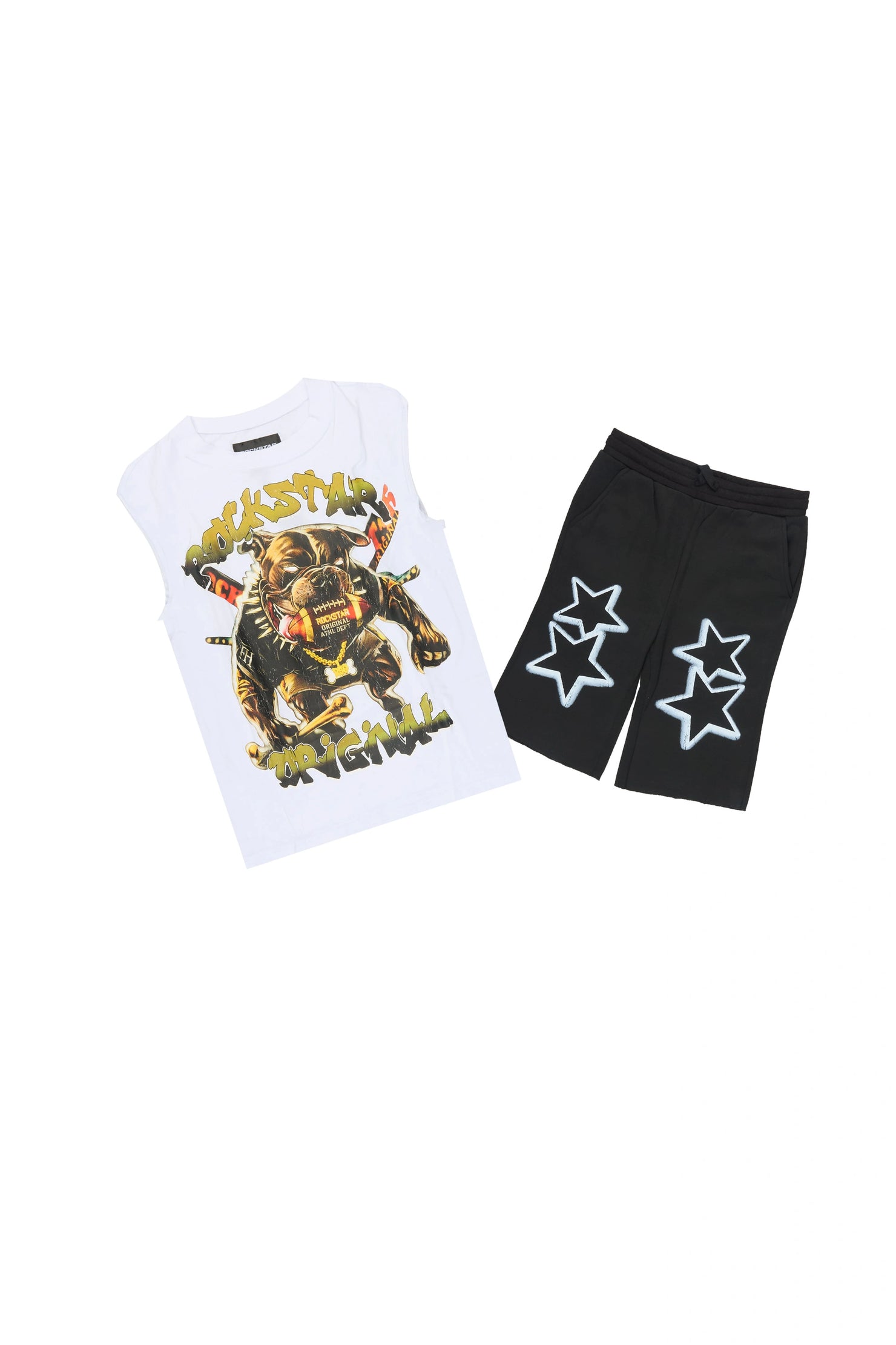 Boys Brayix White/Black Cut Off T-Shirt Short Set