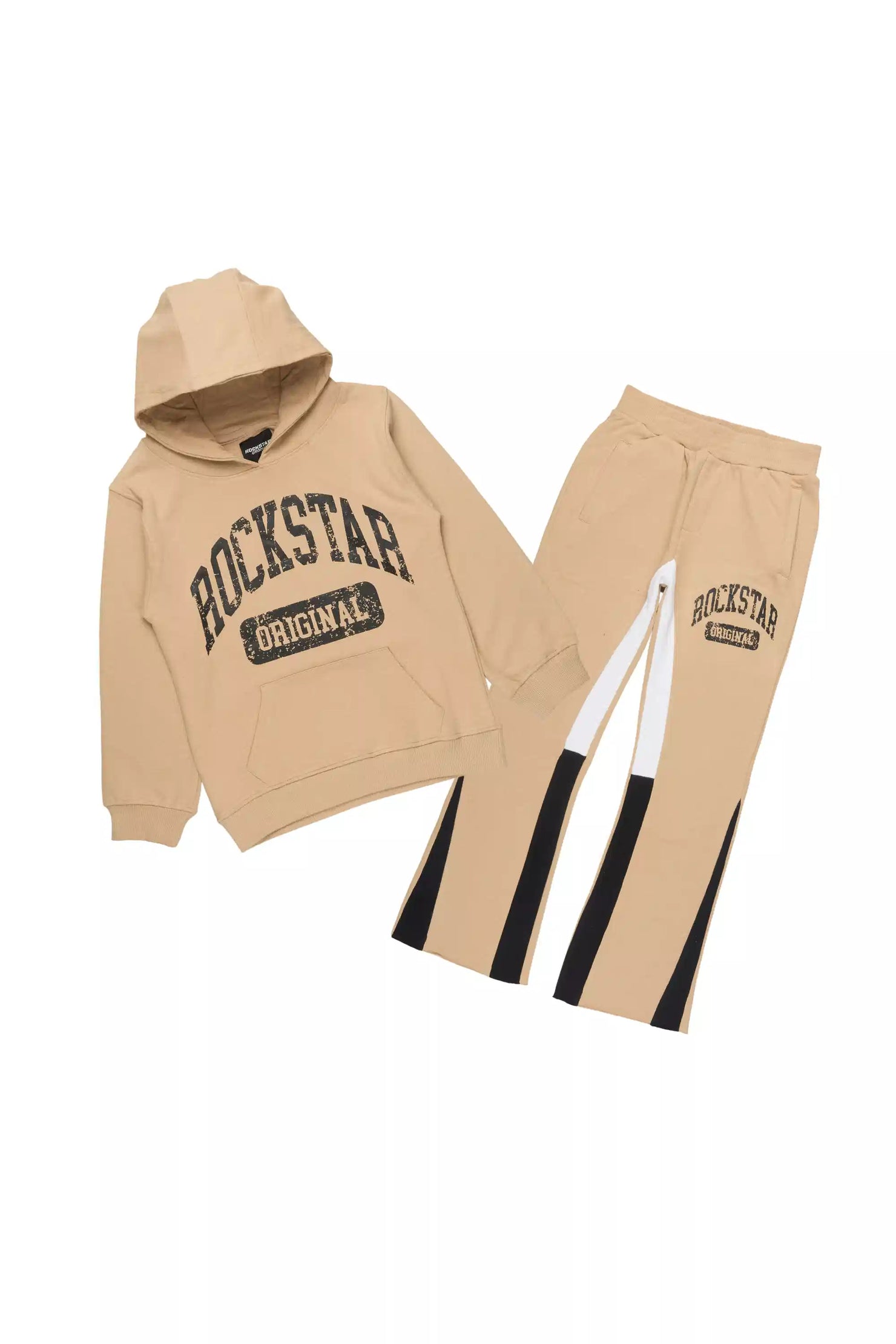 Boys Member Beige/Black Hoodie Stacked Flare Track Set