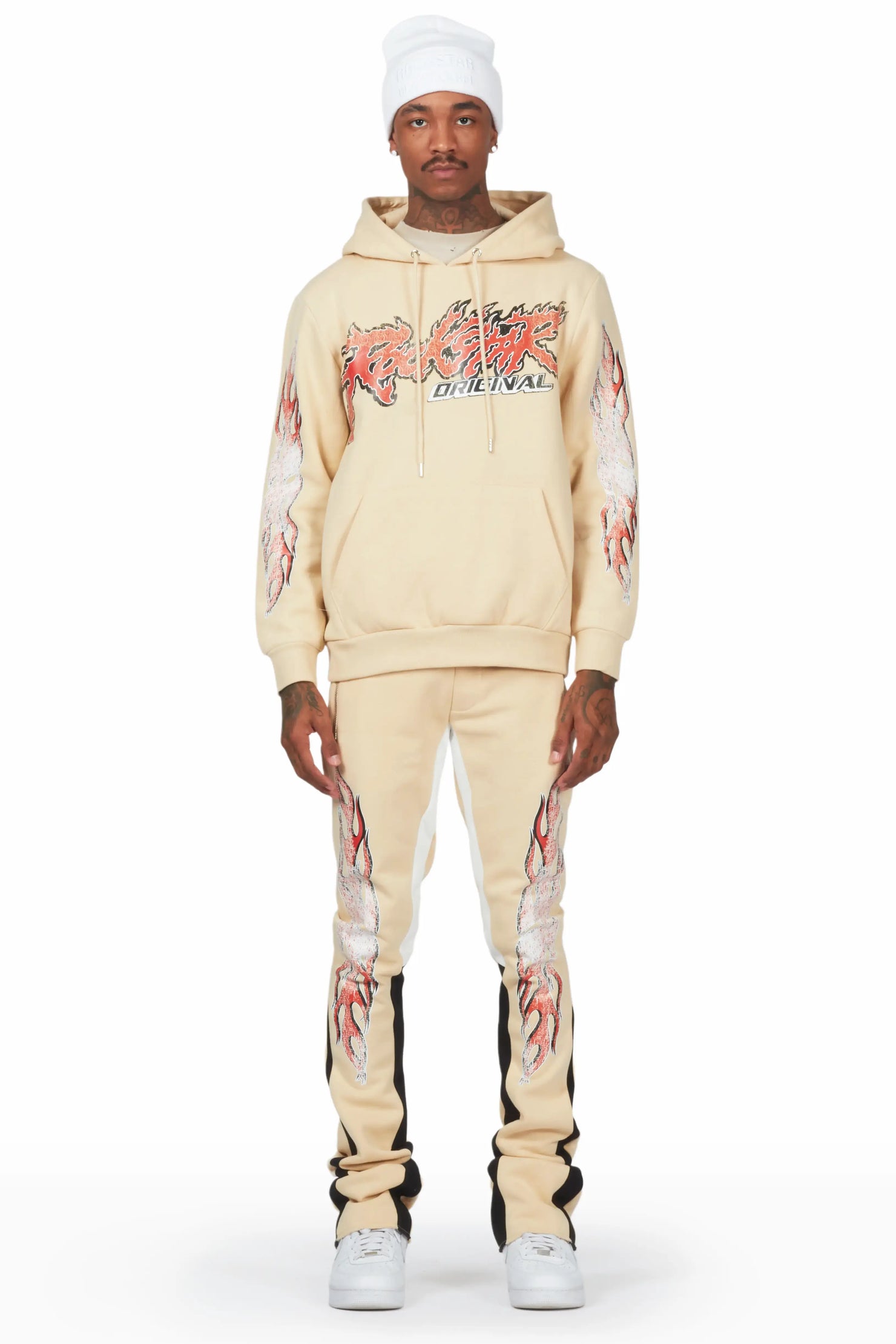 Yash Beige/Black Hoodie Stacked Flare Track Set