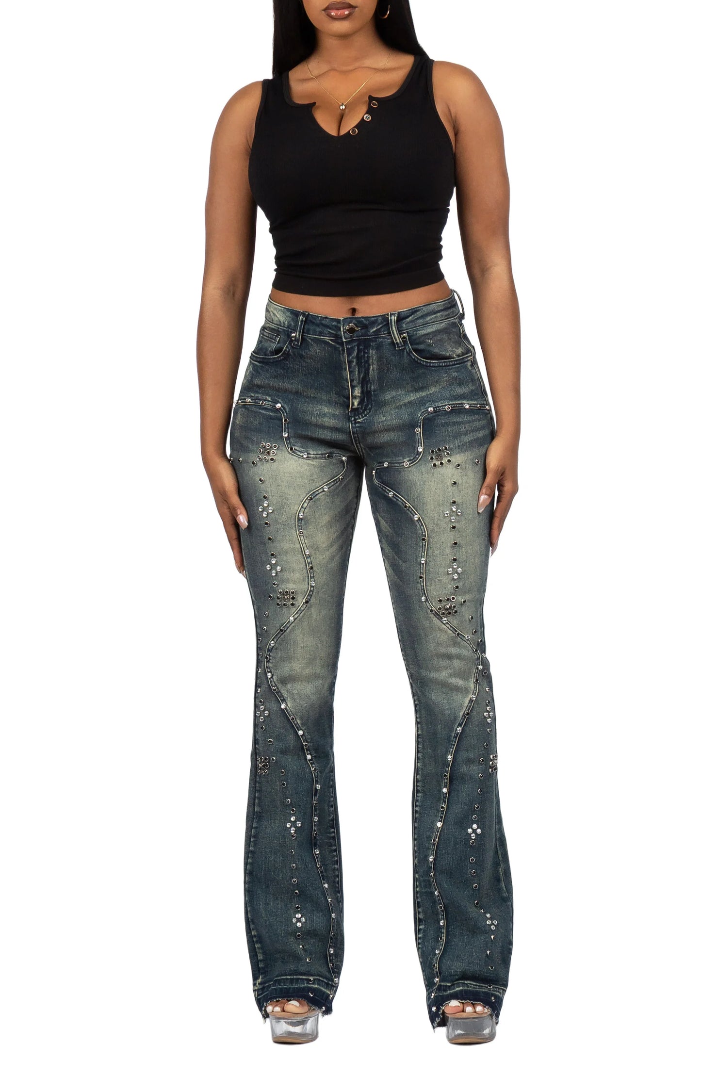 Inesia Tinted Wash Studded Stacked Flare Jean