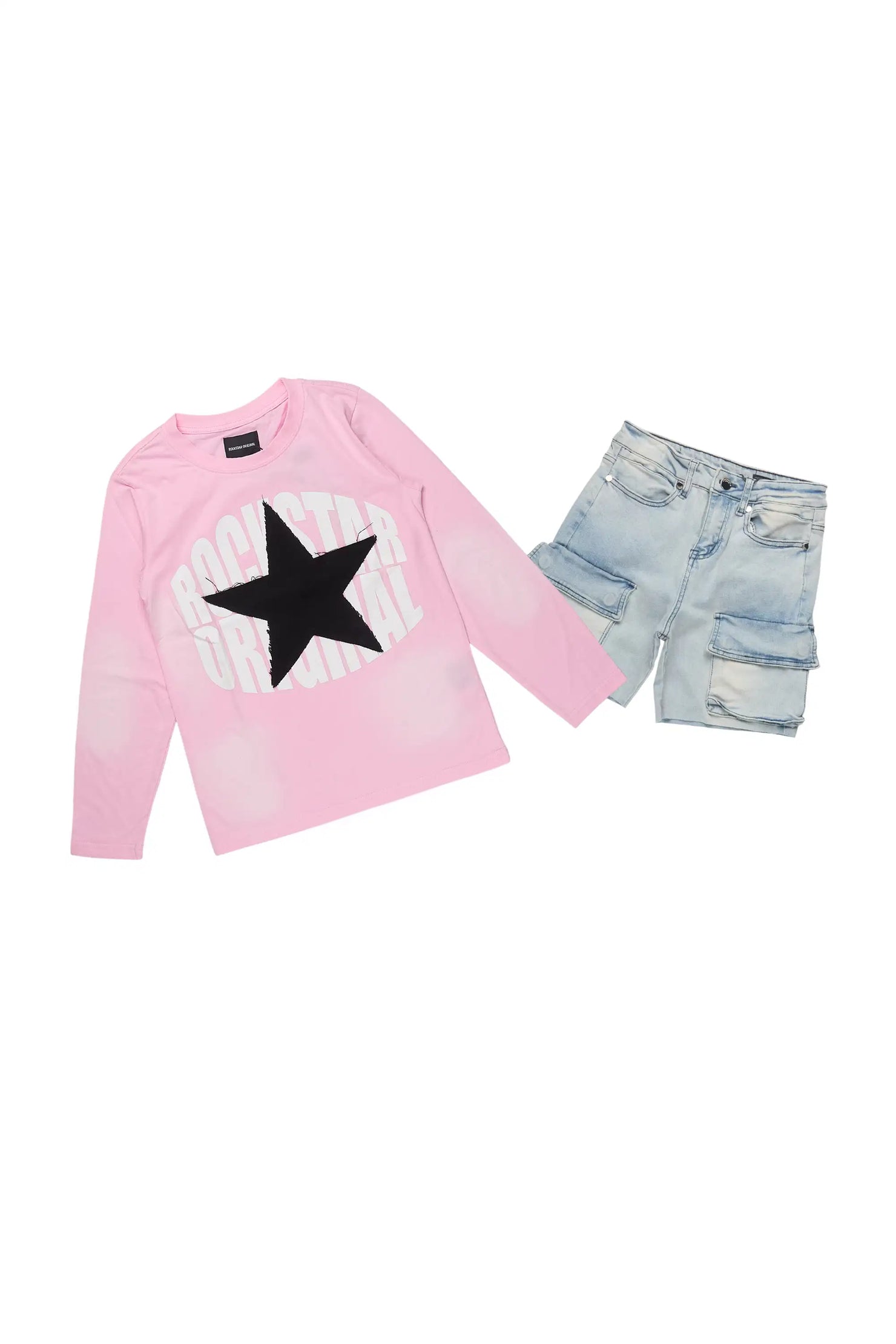 Girls Vary Pink/Black Long Sleeve T-Shirt/Denim Short Set