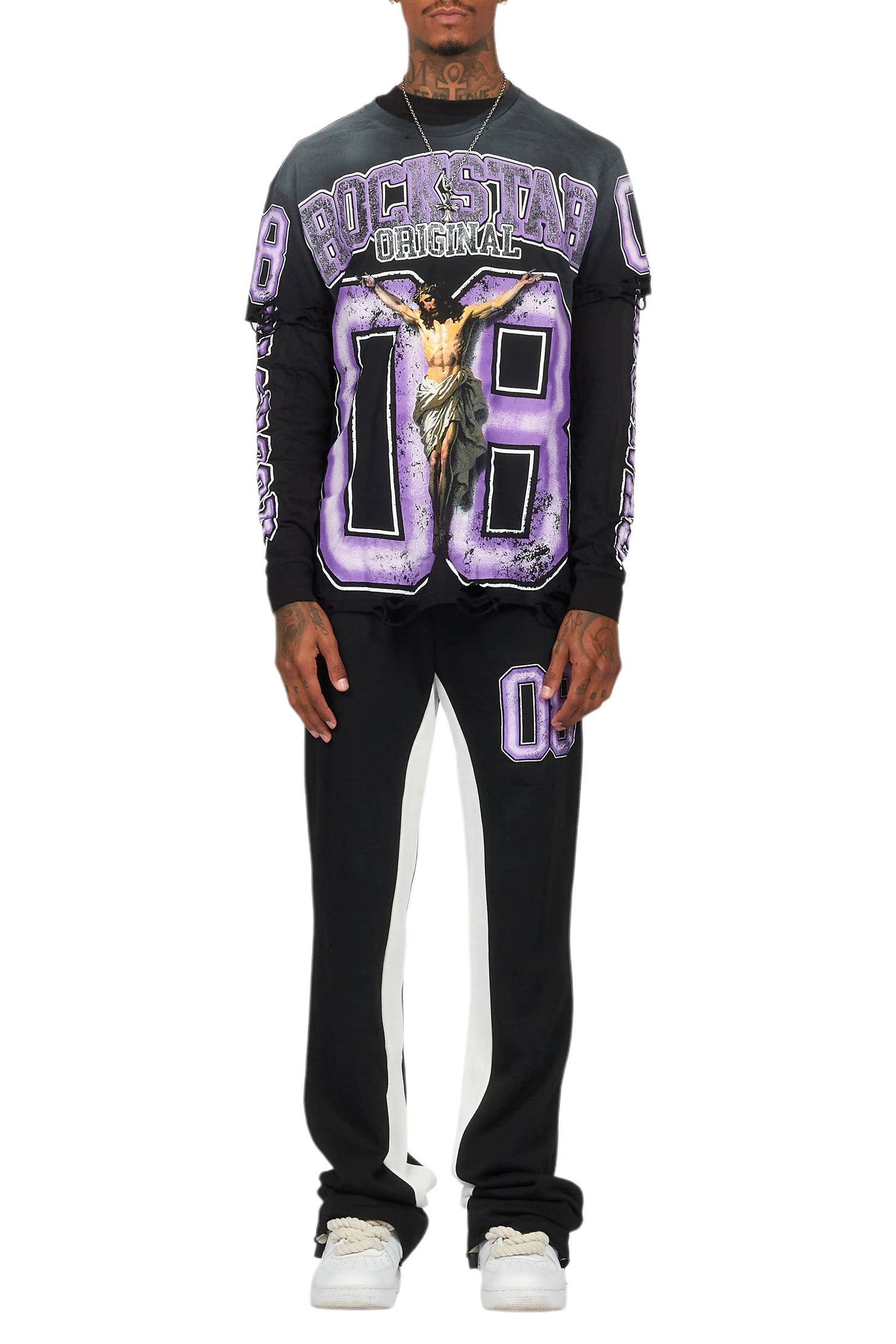 Fields Black/Purple Double Layer T-Shirt/Stacked Baggy Track Pant Set