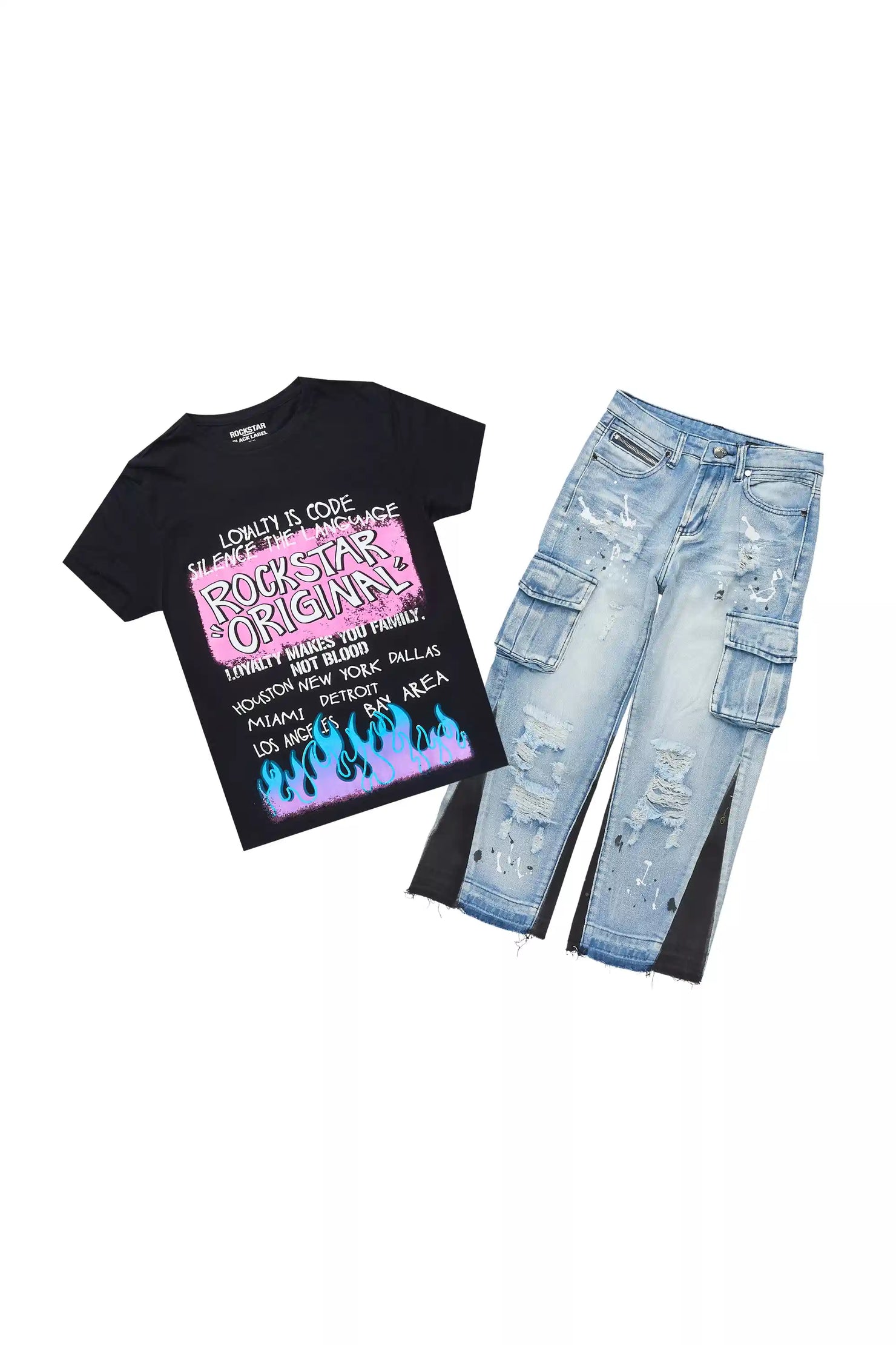 Girls Bridgette Black/Blue T-Shirt/Baggy Cargo Jean Set