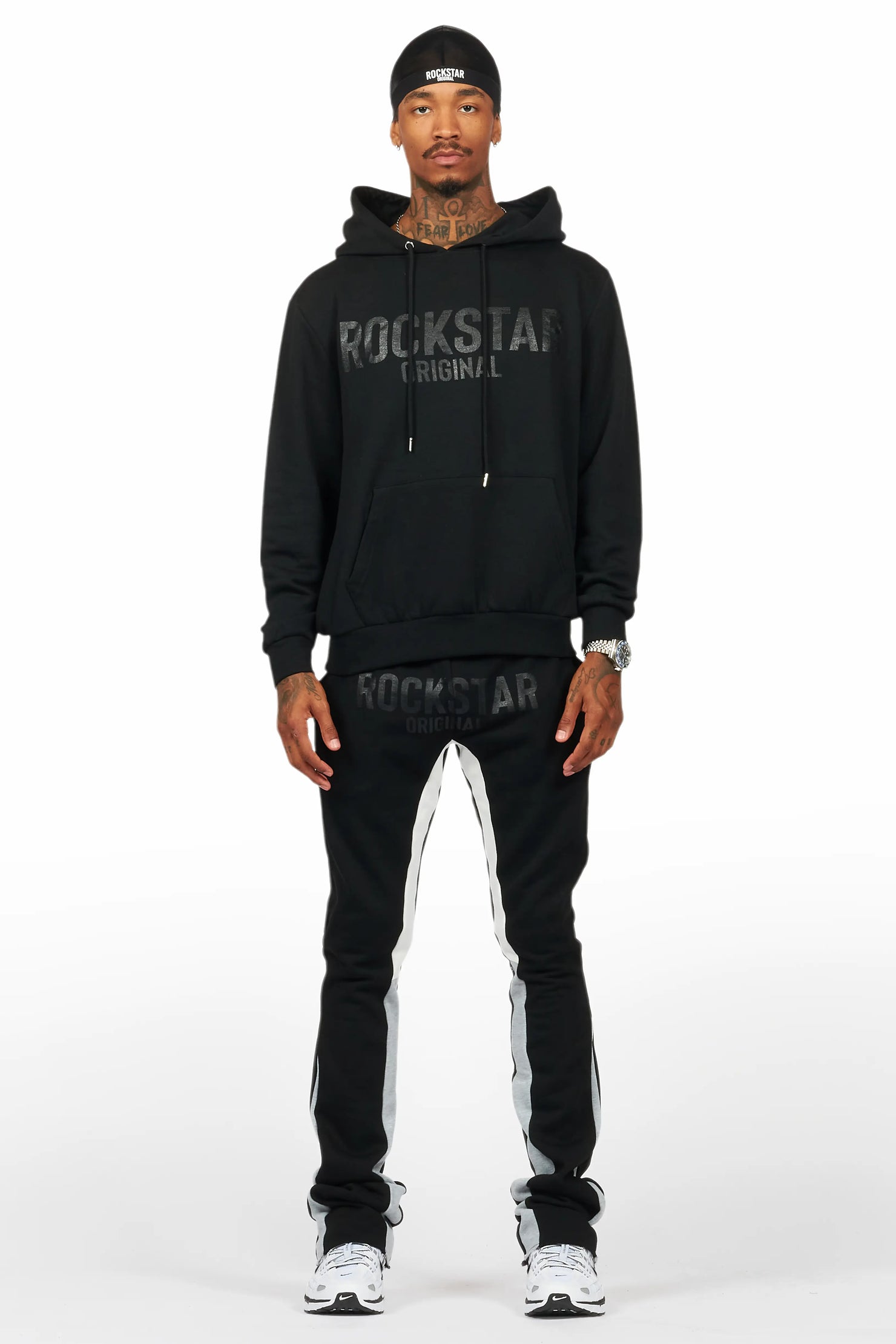 Sana Black Hoodie/Stacked Flare Track Pant Set