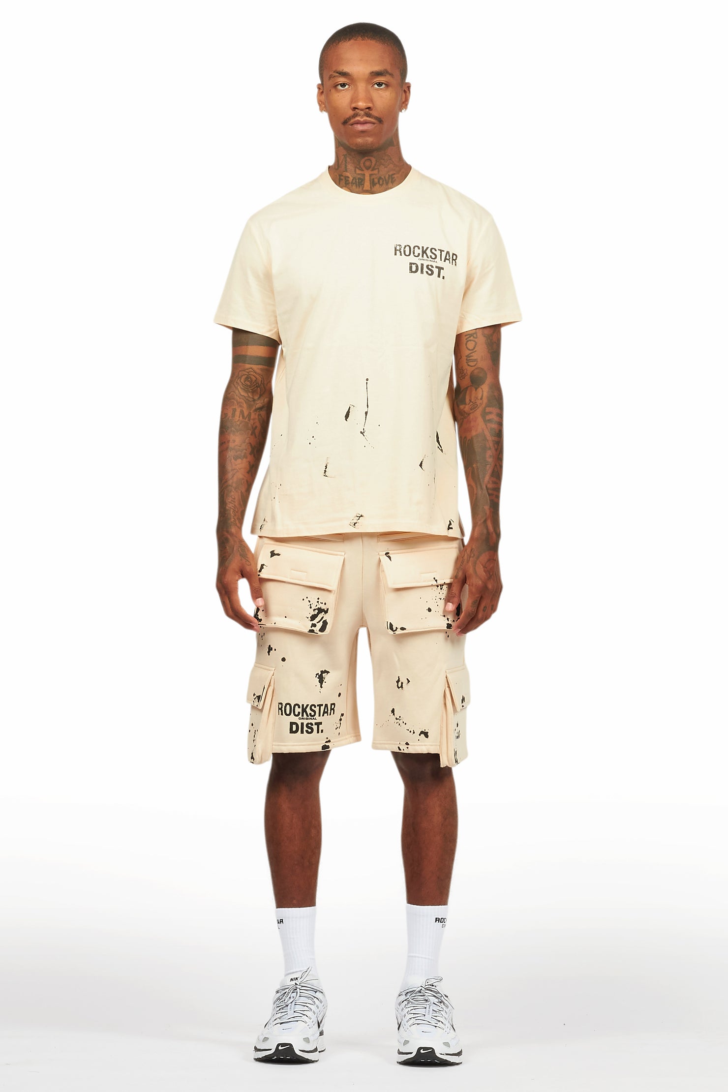 Raffer Beige/Black T-Shirt Cargo Shorts Set