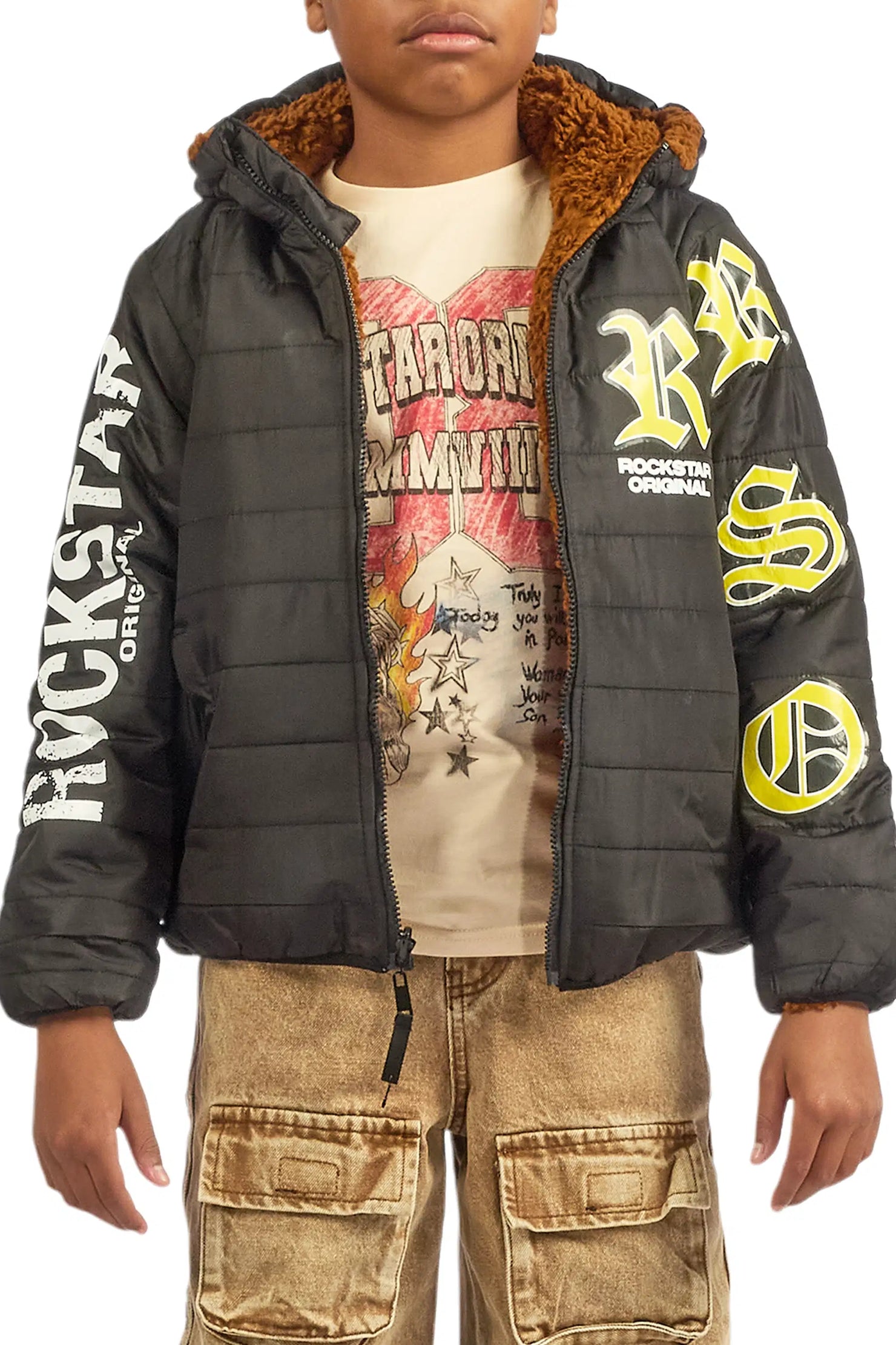 Boys Daegan Black/Brown Reversible Fur Puffer Jacket