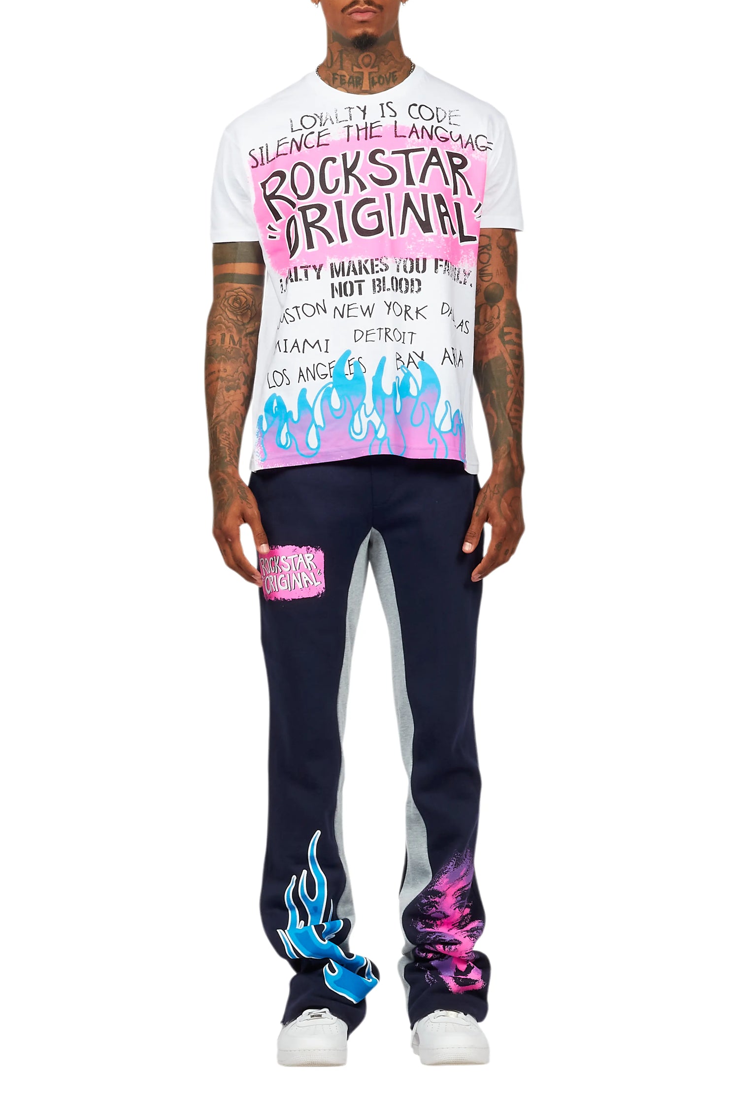 Beno White/Navy T-Shirt/Baggy Stacked Pant Set