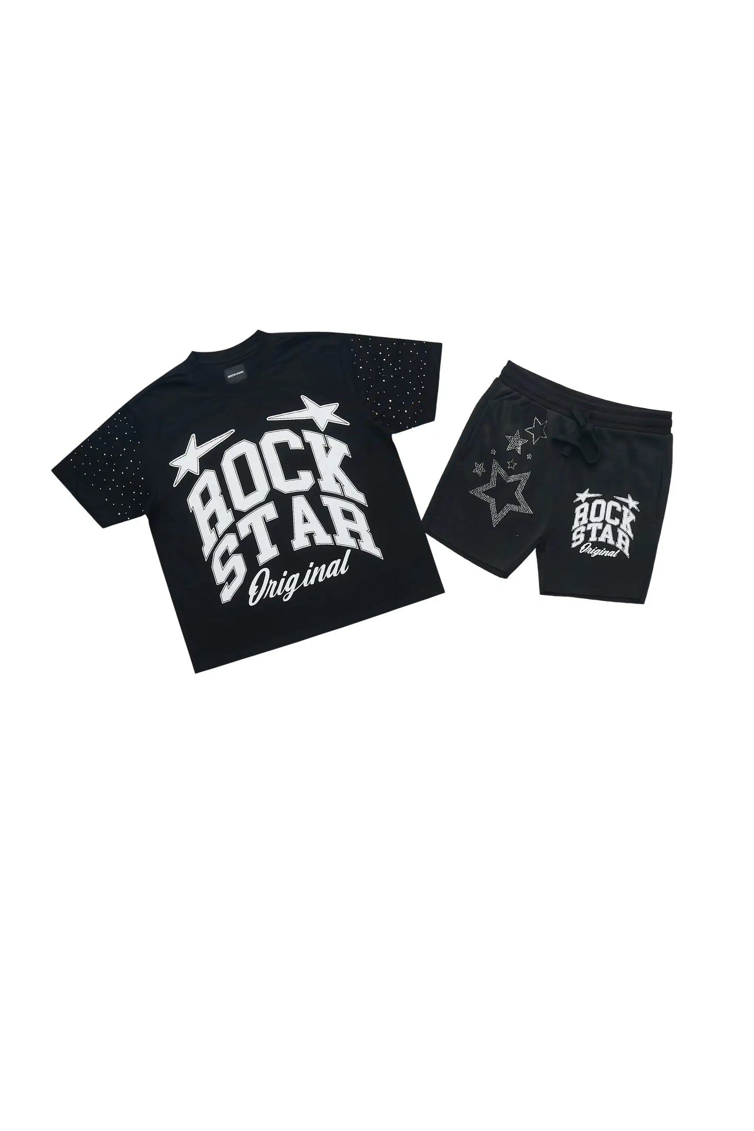 Girls Flaveya Black/Wite Rhinestone T-Shirt Short Set