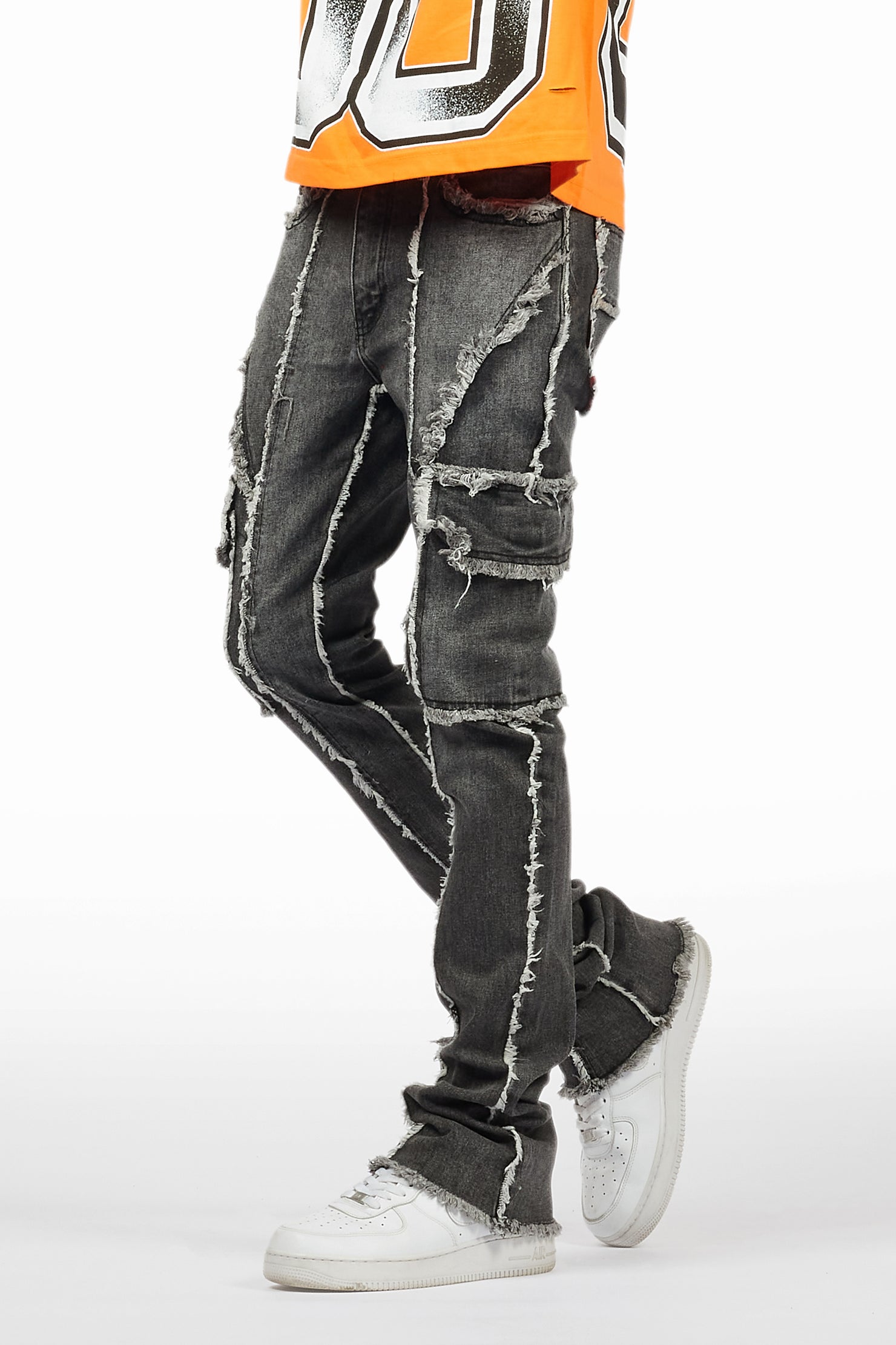 Revved Dark Grey Stacked Flare Jean