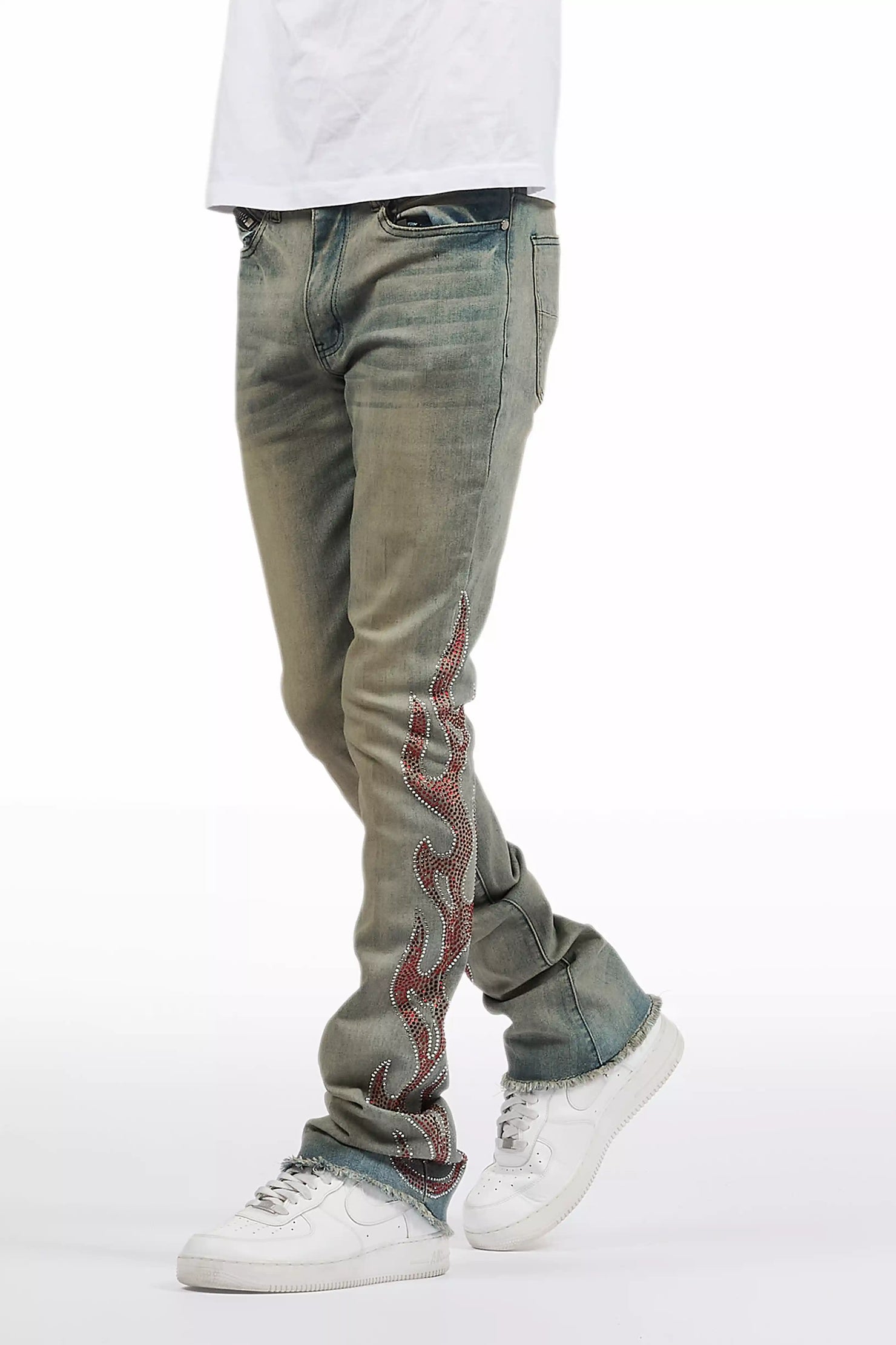 Sword Vintage Blue Rhinestone Stacked Flare Jean