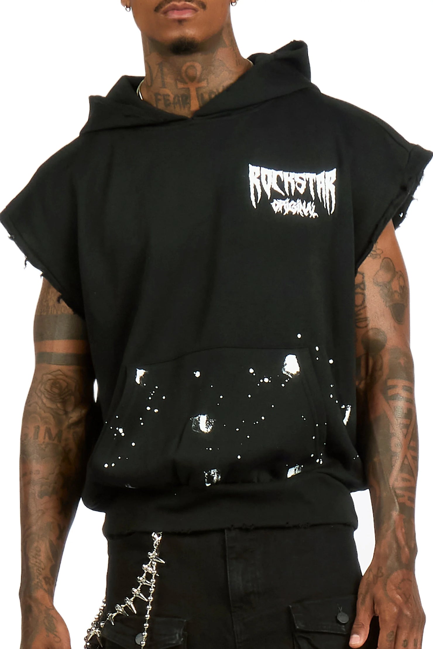 Twinkle Black Painted Cut Sleeve Hoodie
