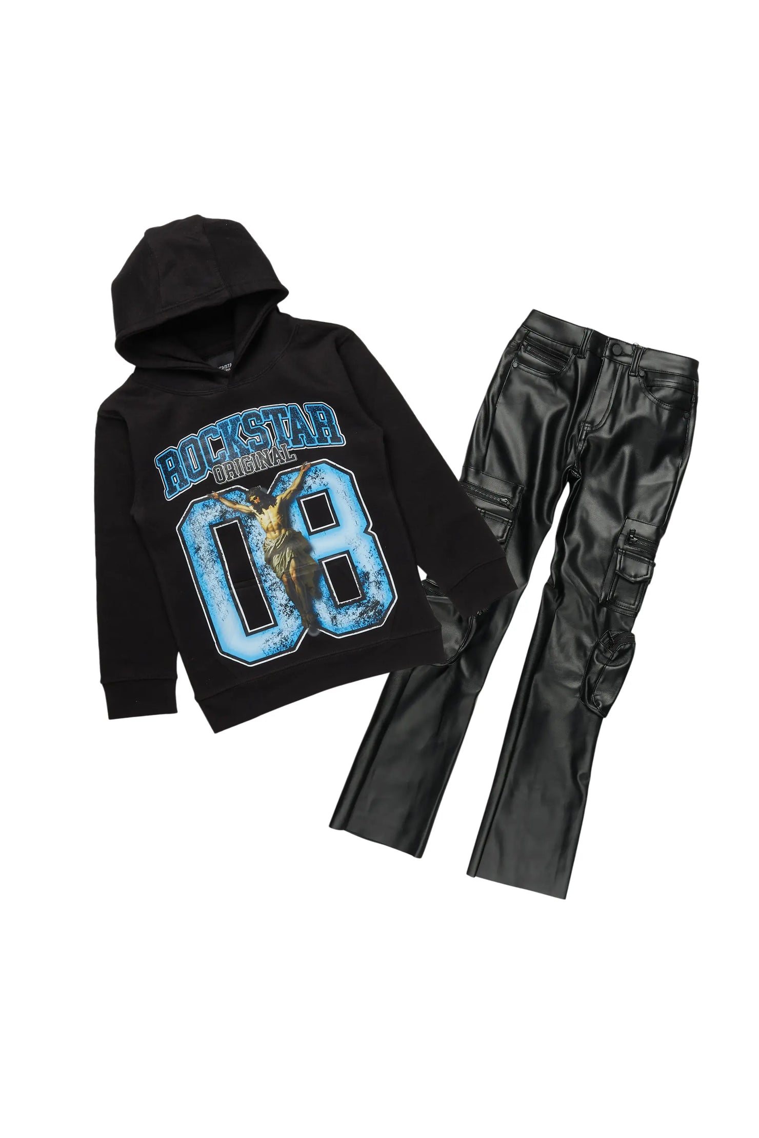 Boys Fields Black/Blue Hoodie/Stacked Flare PU Jean Set