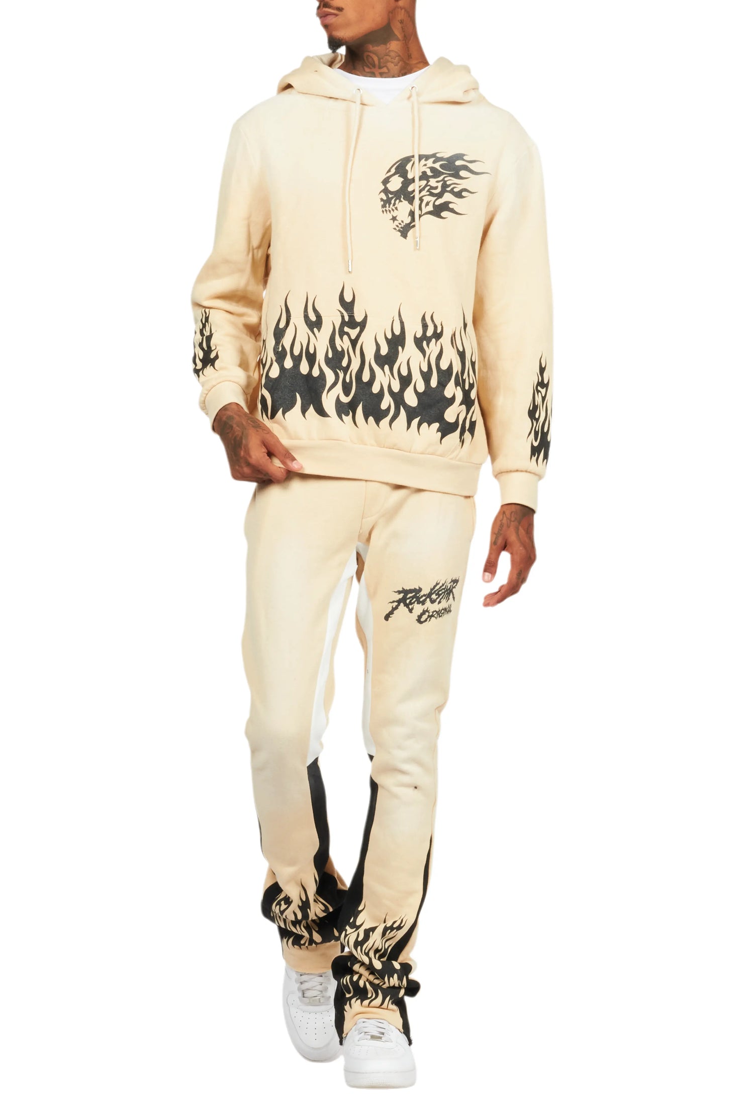 Bubble Beige Stacked Flare Hoodie Track Set