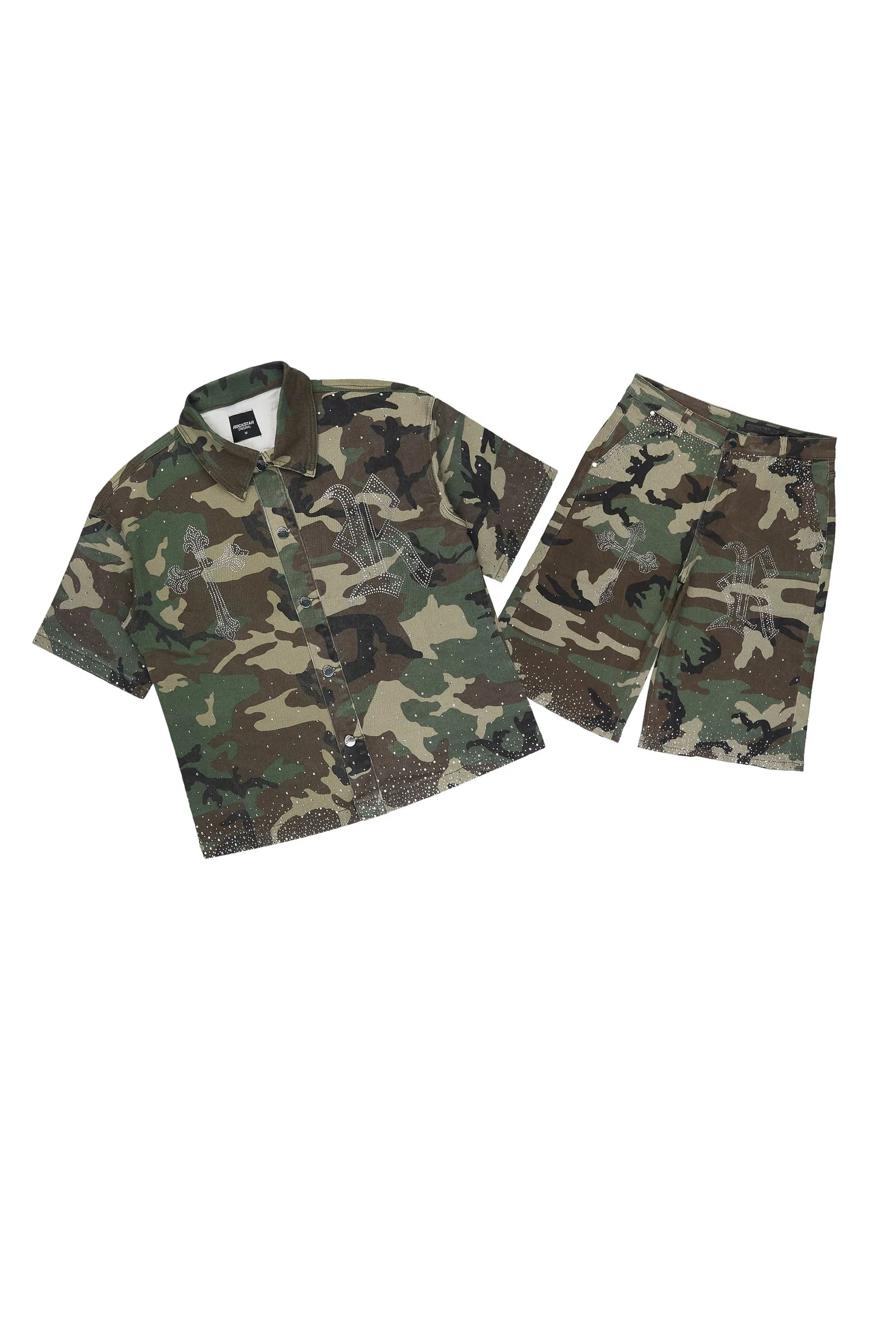 Clemente Camo Rhinestone Button Down Shirt Jort Set