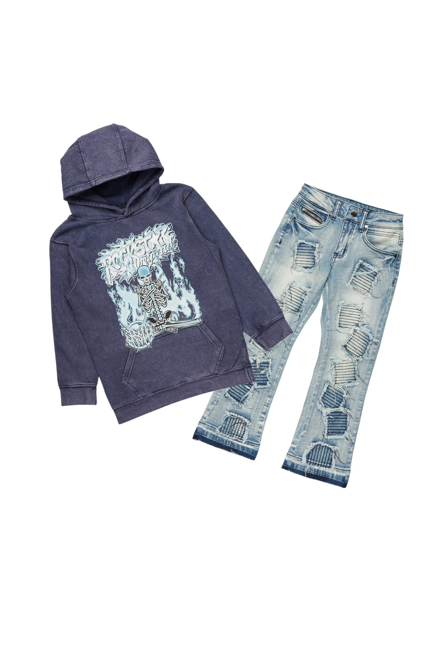 Boys Abdon Vintage Navy Hoodie/Stacked Flare Jean Set