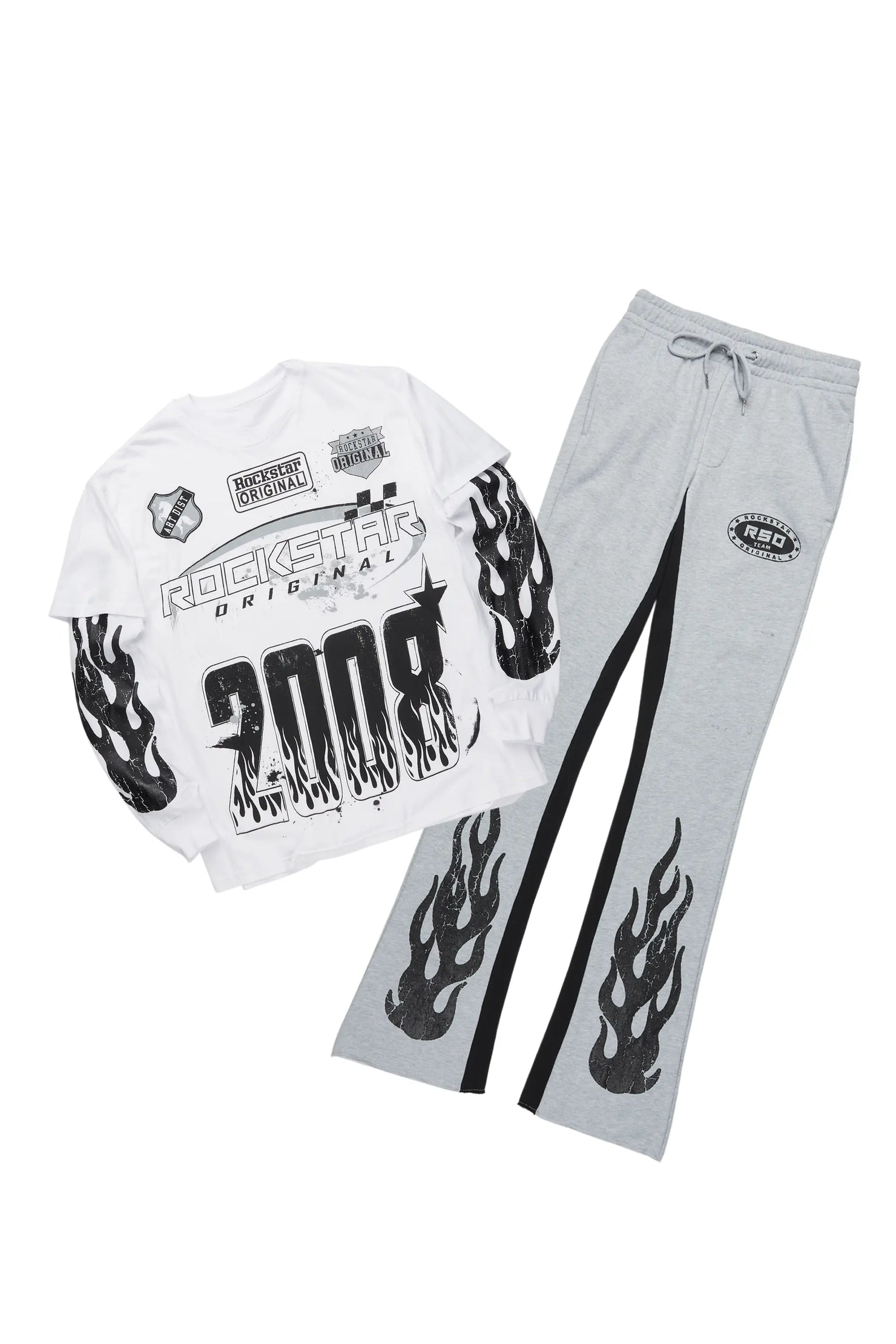 Amos White/Grey Double Layer T-Shirt/Stacked Baggy Pant Set