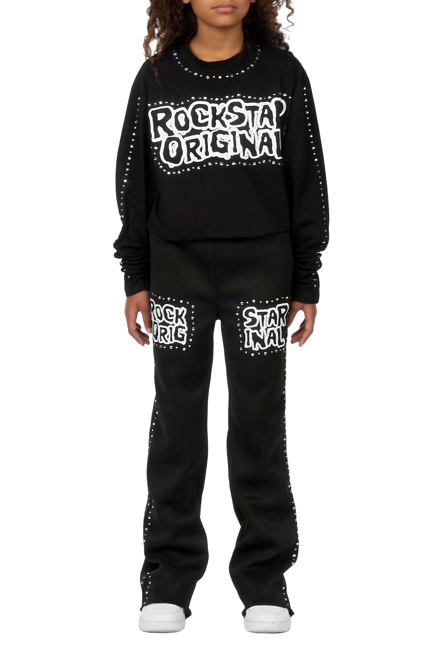 Girls Merca Black Rhinestone Long Sleeve Shirt Relaxed Track Set