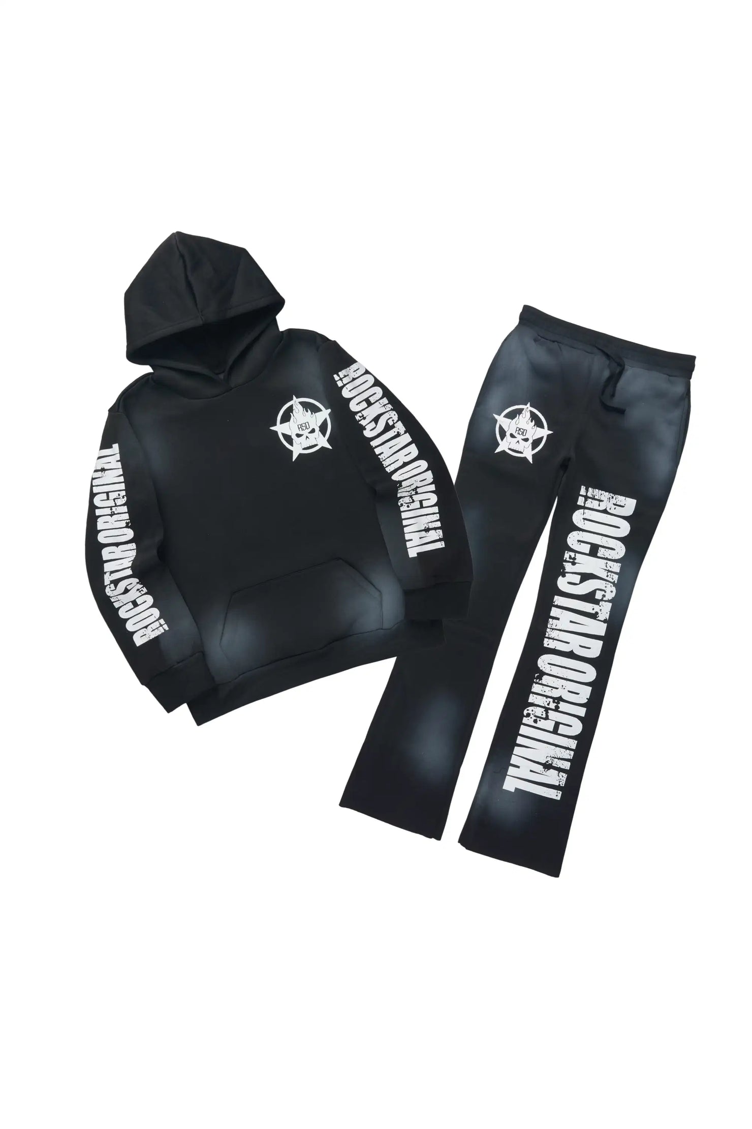 Boys Keve Black Hoodie Stacked Track Pant Set