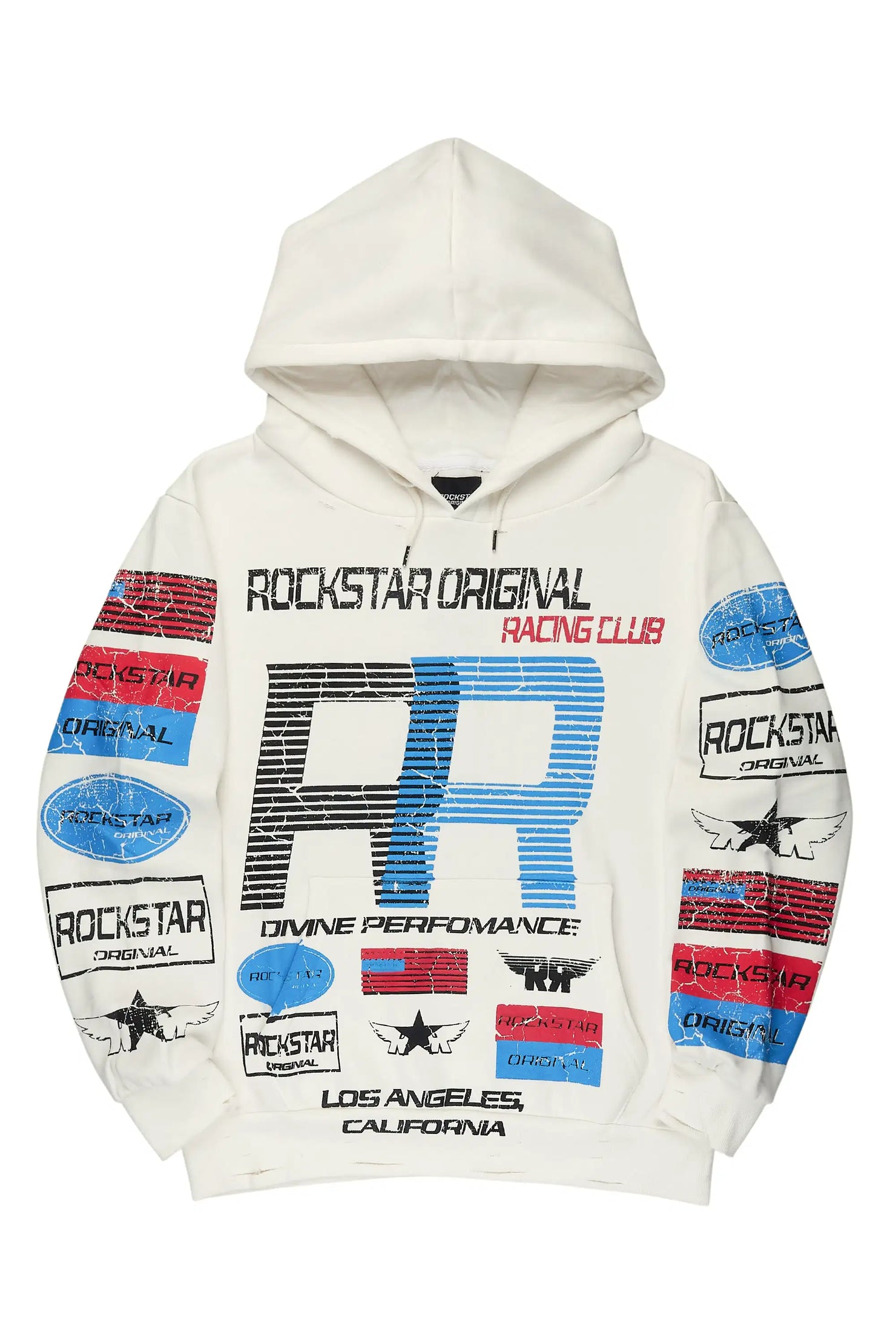 Rso Racing Club White Distressed Graphic Relaxed Hoodie