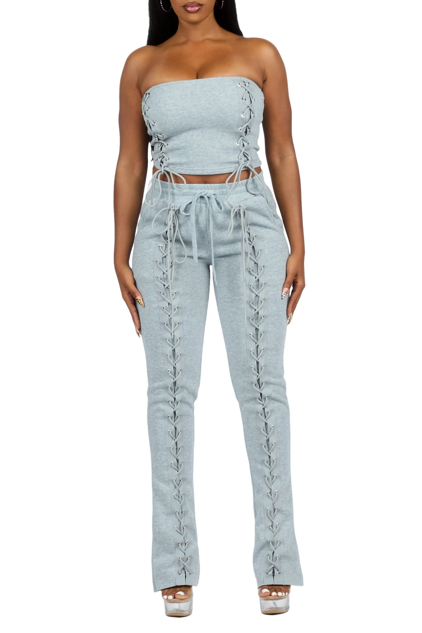KaeMyna Grey Lace Up Tube Stacked Track Set