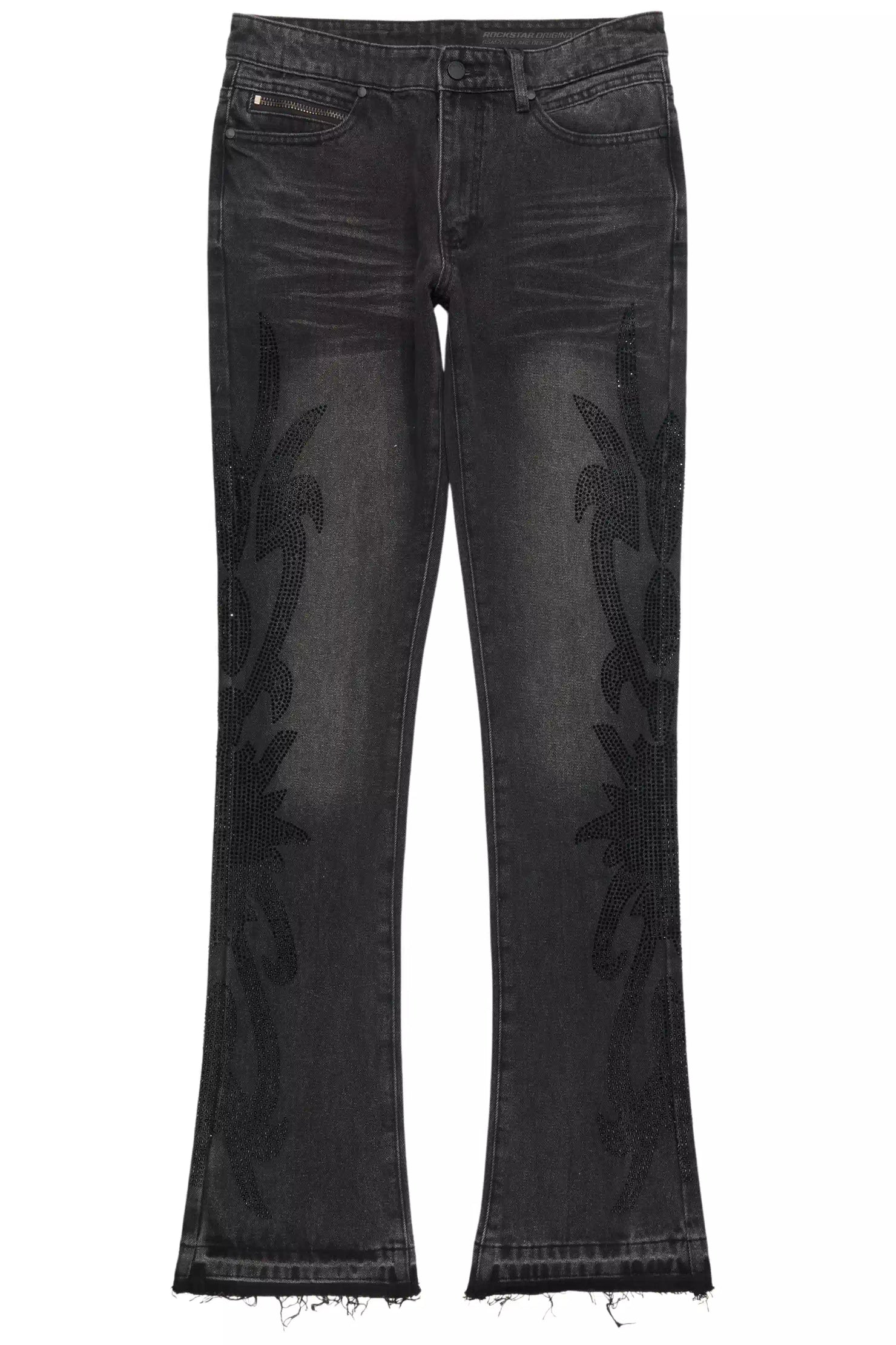 Shamaz Rhinestone Dark Grey Stacked Flare Jean