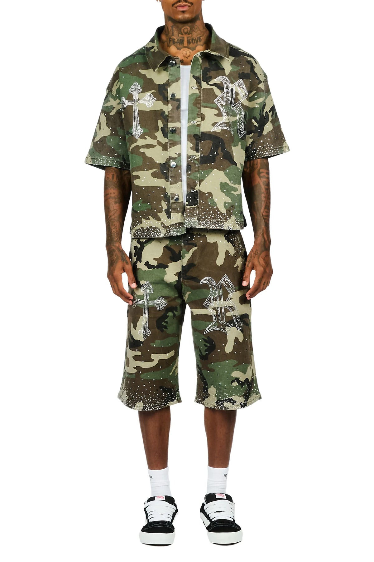 Clemente Camo Rhinestone Button Down Shirt Jort Set