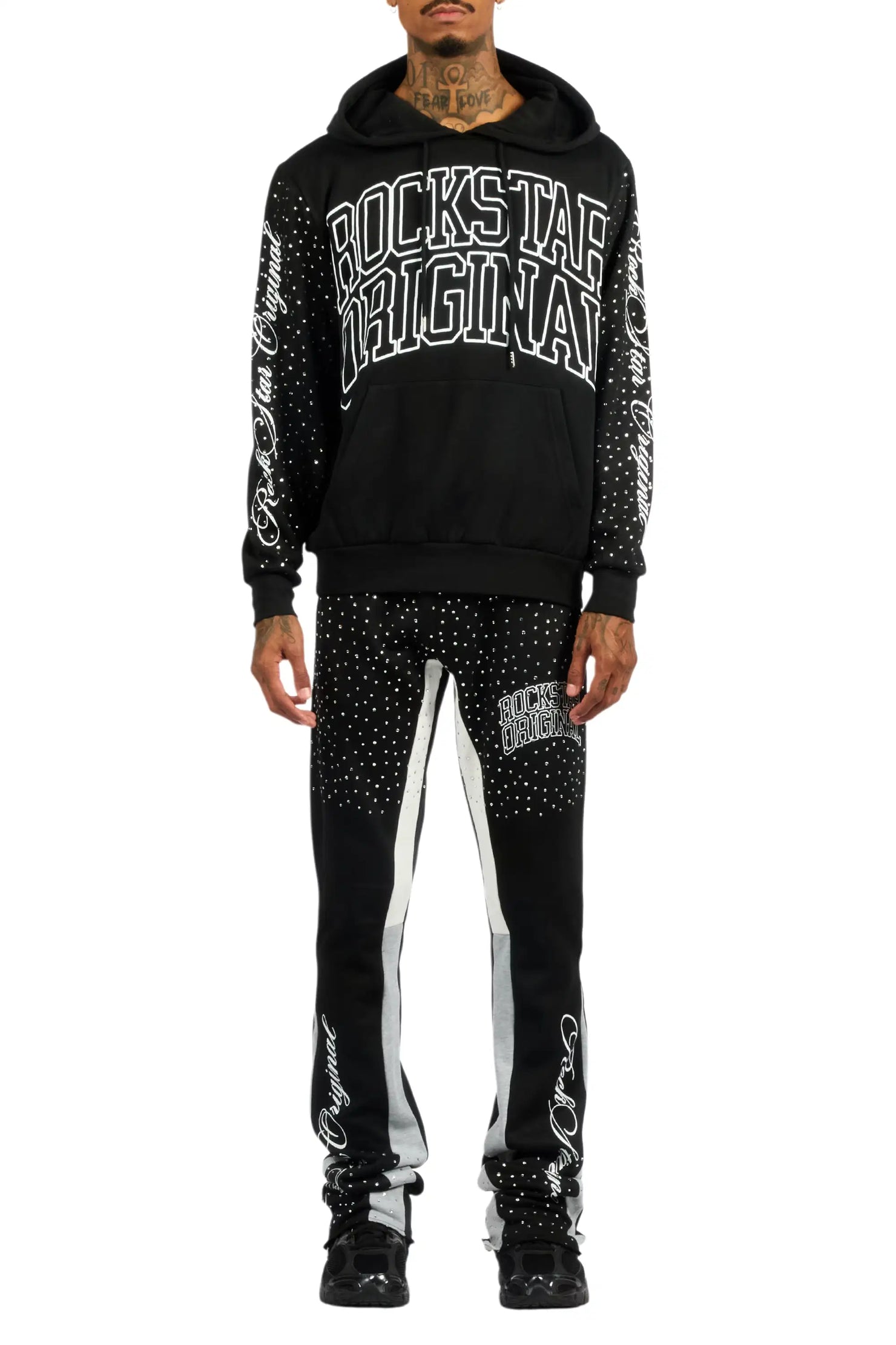 Dripped Black/Clear Rhinestone Hoodie/Stacked Flare Track Set