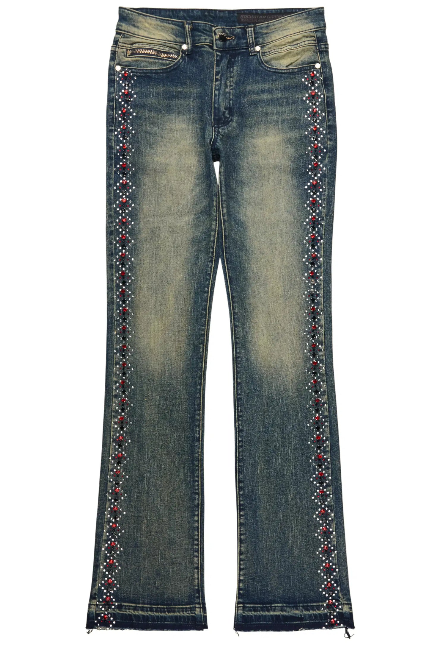 Ozi Rhinestone Tint Blue Stacked Flare Jean