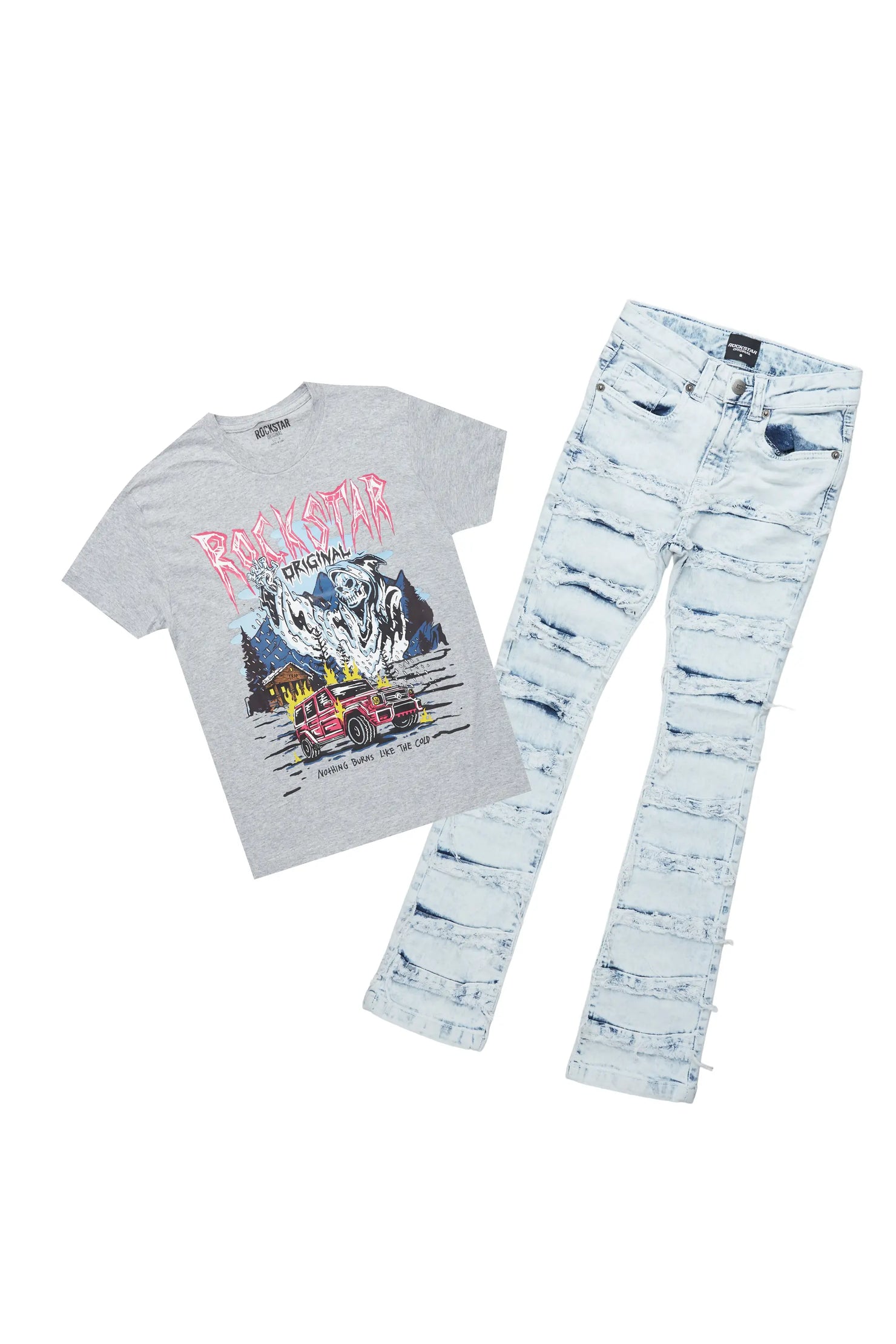 Boys Rakin Grey T-Shirt/Stacked Flare Jean Set