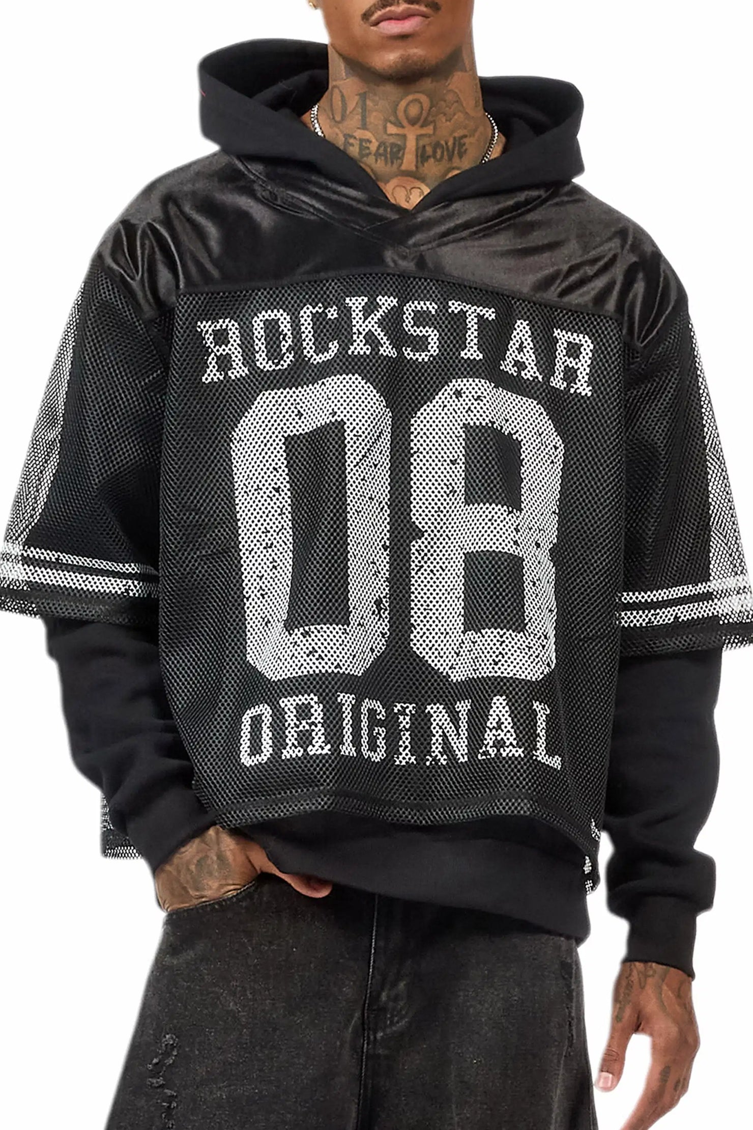 Syncamore Black/White Double Layer Graphic Jersey Hoodie