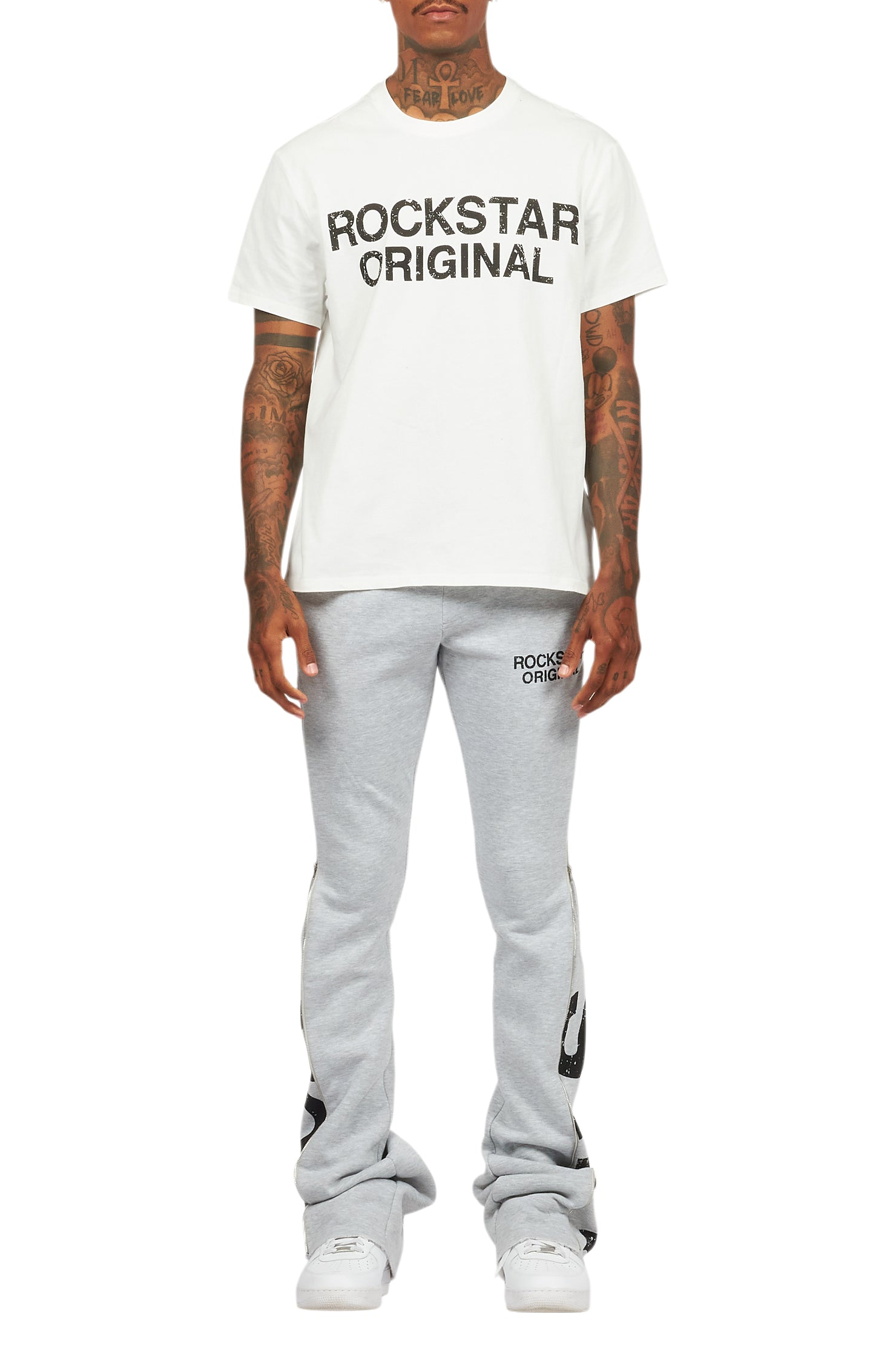 Deniska Heather Grey T-Shirt/Baggy Stacked Flare Track Set