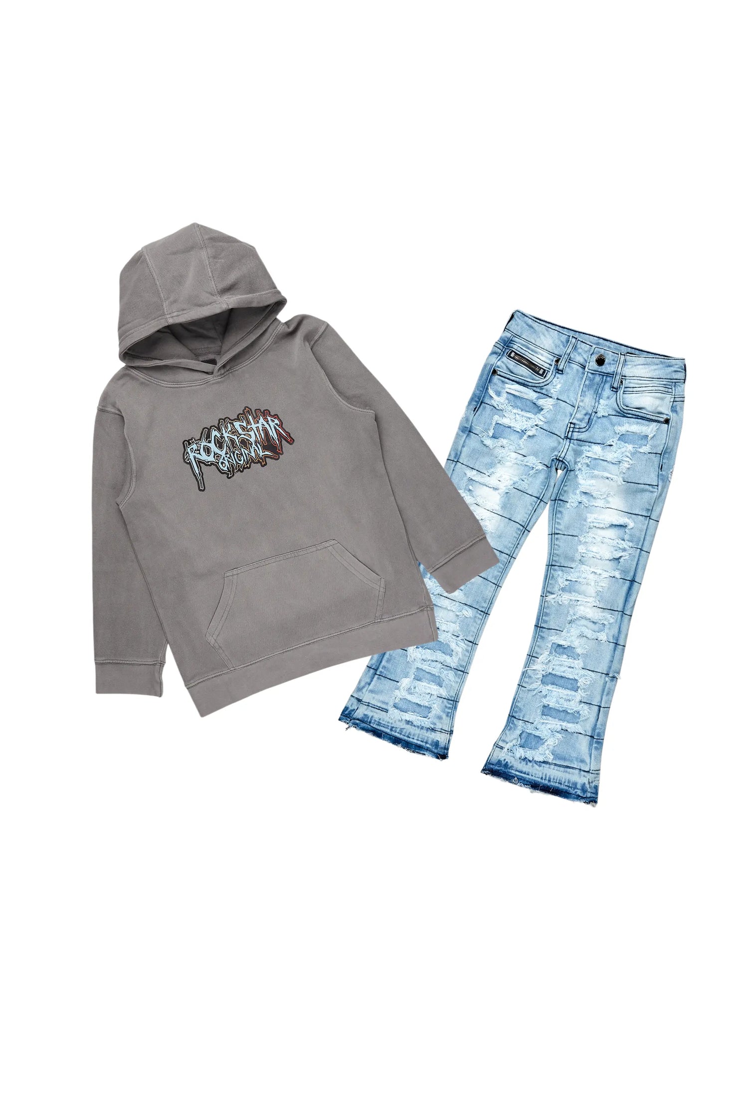 Boys Chad Vintage Grey Hoodie/Stacked Flare Jean Set