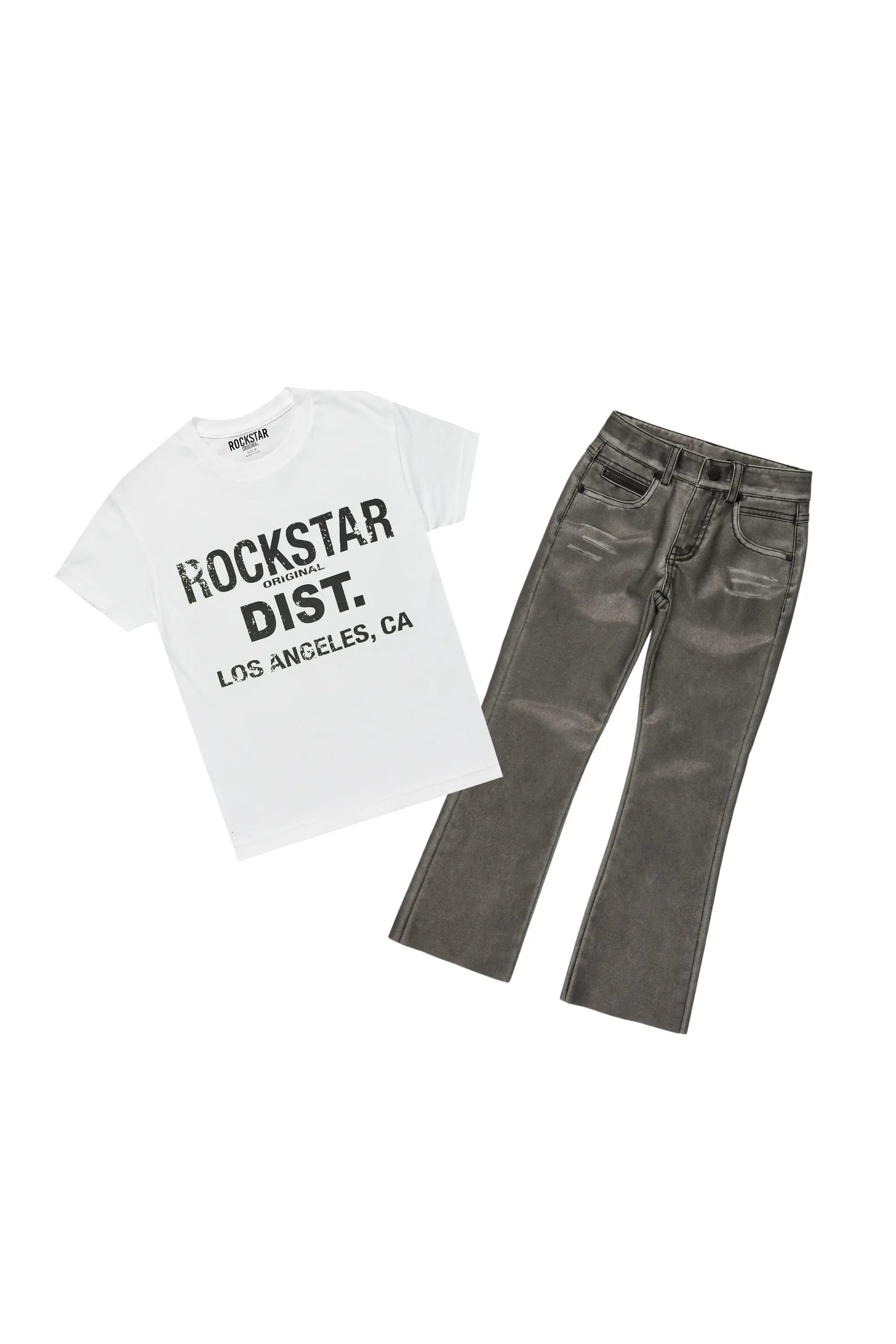 Boys Koen White T-Shirt/Stacked Flare PU Jean Set