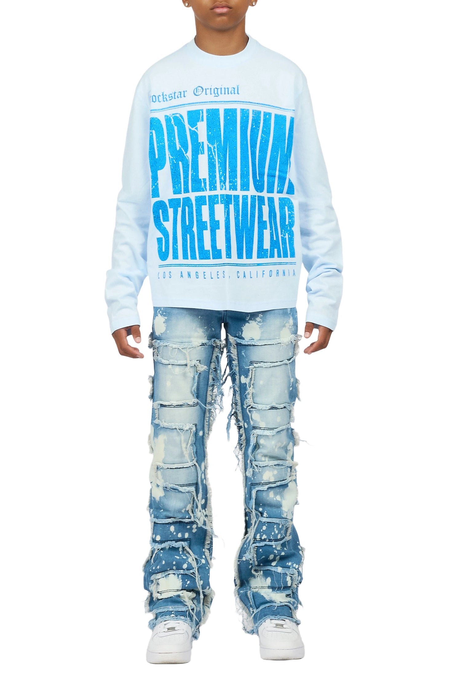 Boys Pluto Light Blue/Blue Long Sleeve T-Shirt Stacked Jean Set