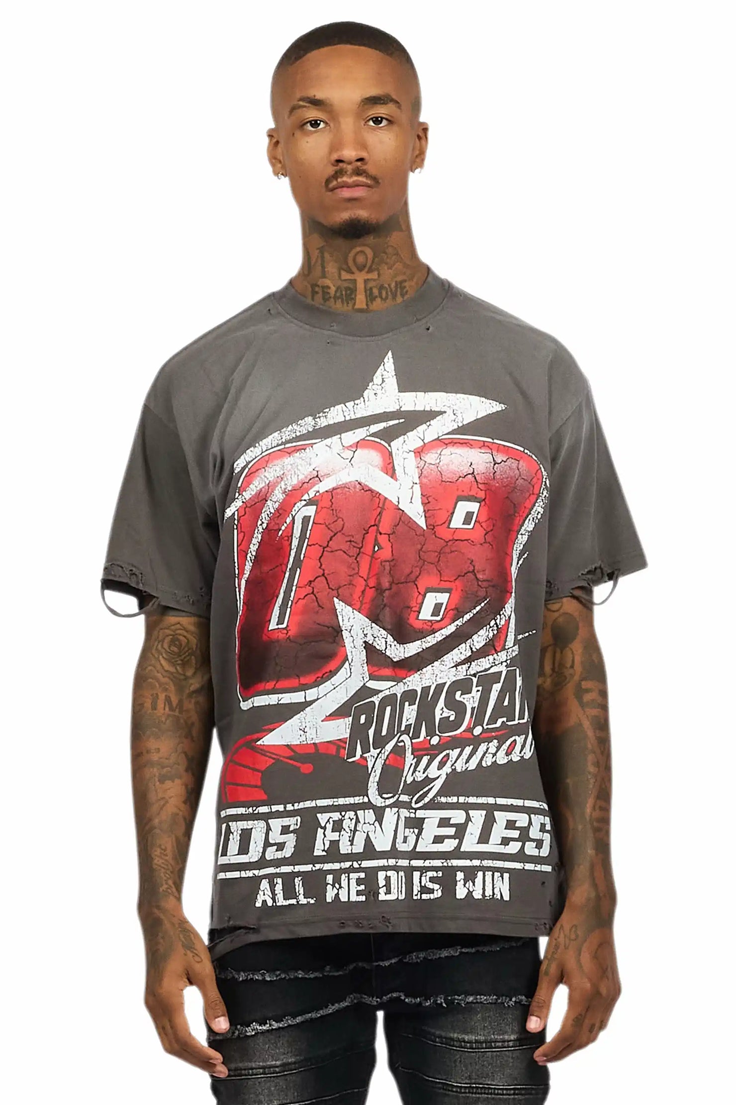 Kastell Vintage Grey Oversized Distressed Graphic T-Shirt