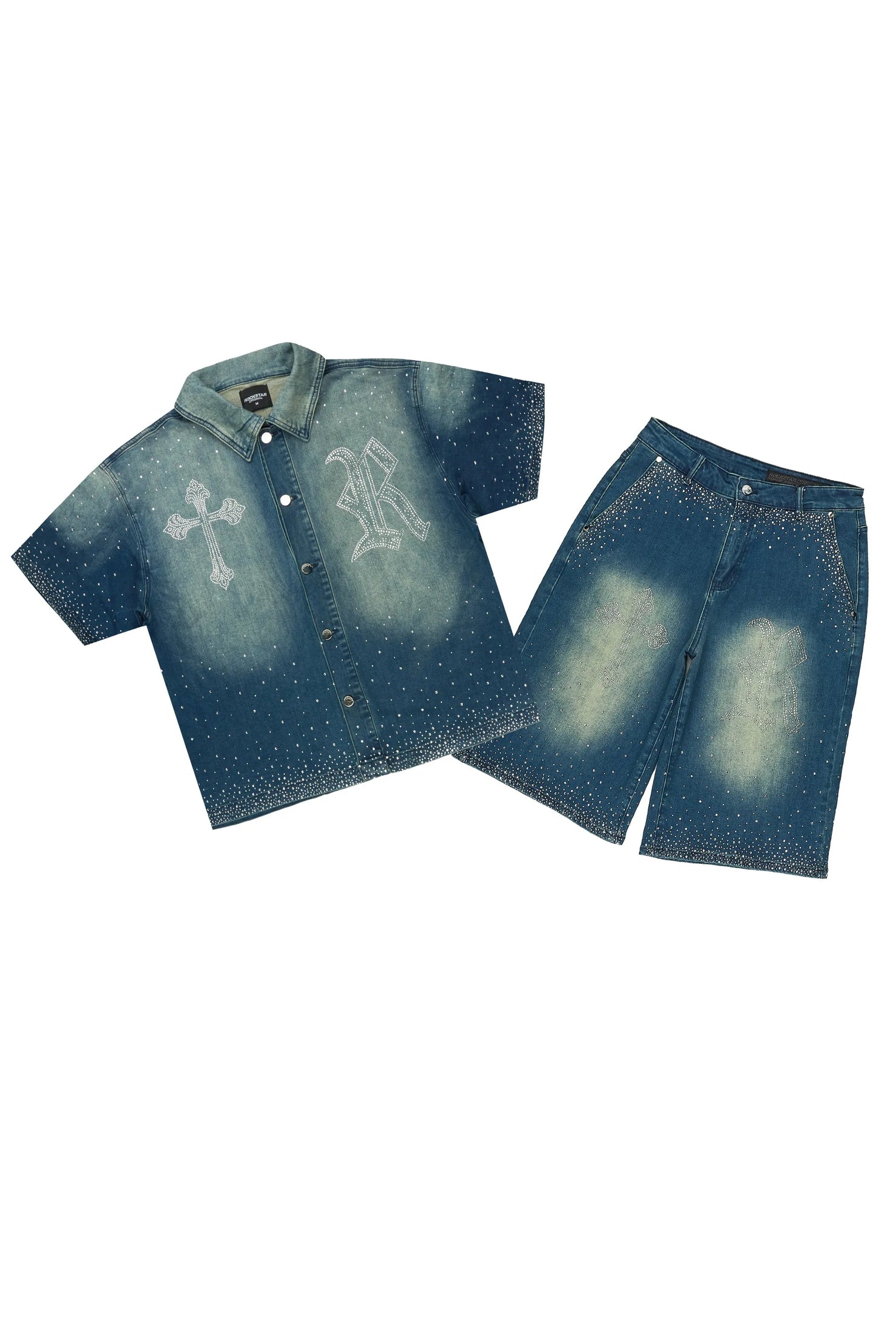 Clemente Medium Blue Rhinestone Button Down Shirt Denim Short Set