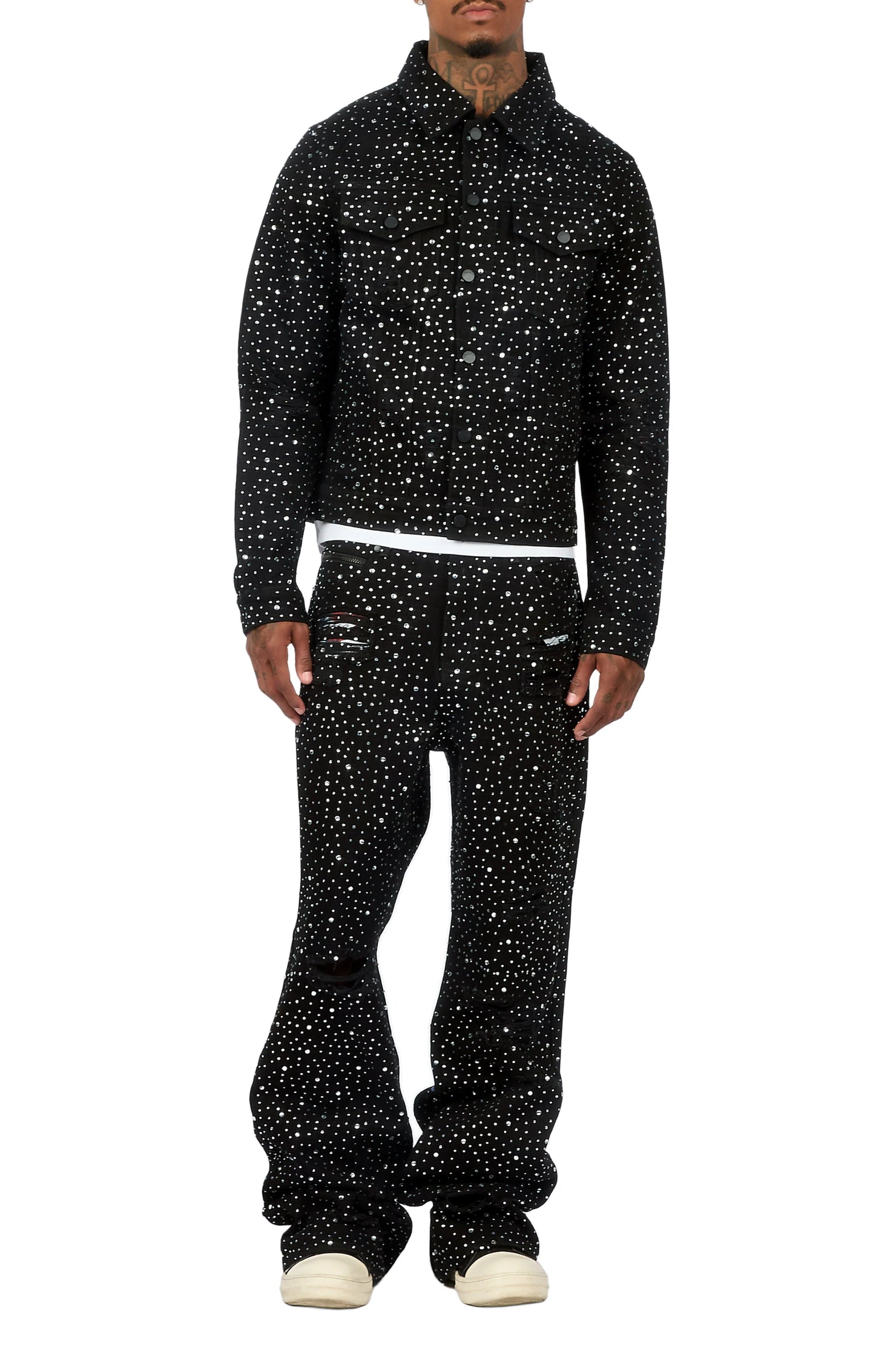 Discolite Black Rhinestone Denim Jacket/Baggy Jean Set