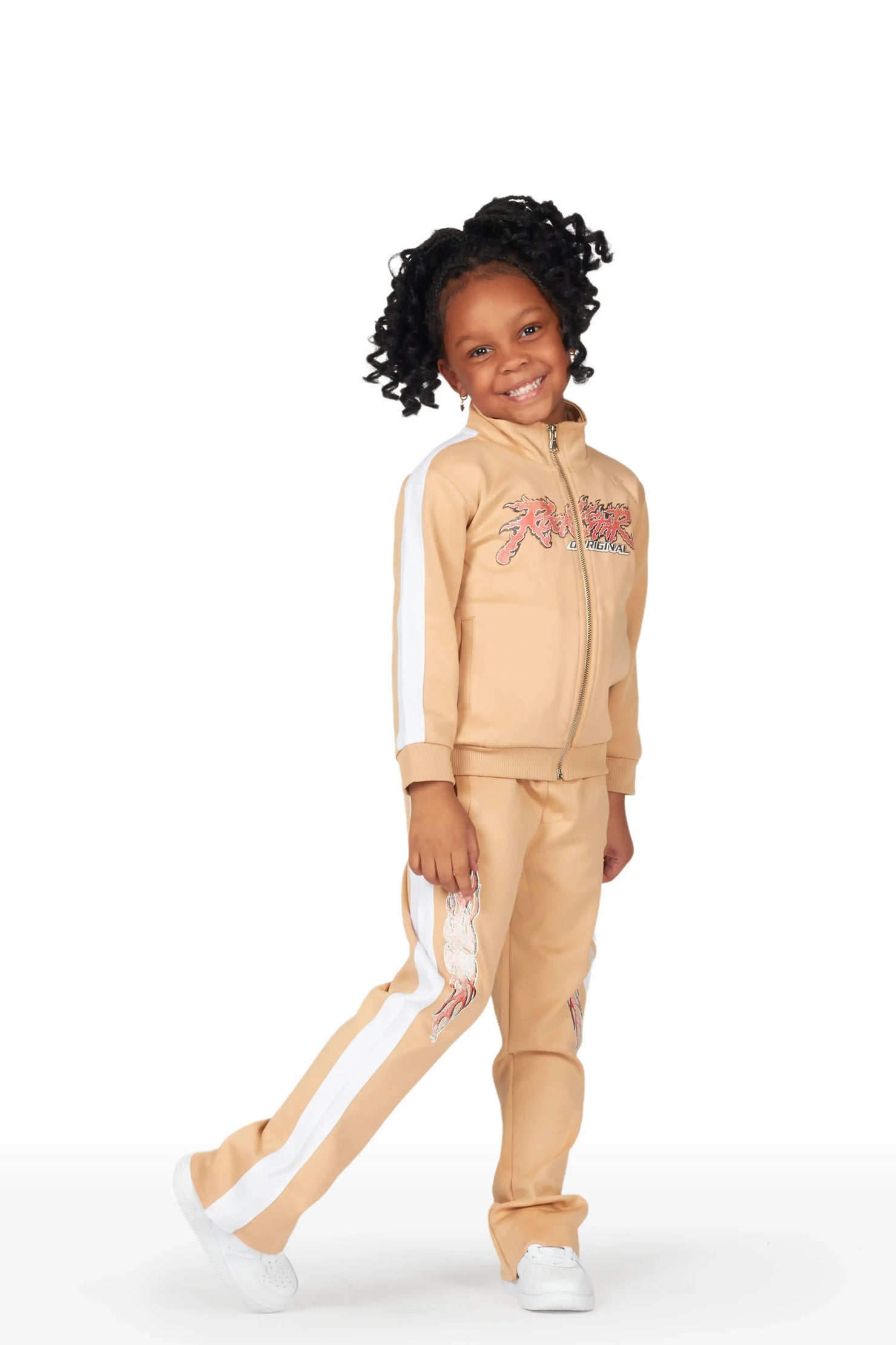 Girls Yashy Beige Tricot Stacked Flare Track Set